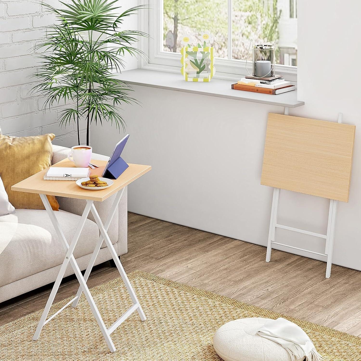 LuxusKollektion Klapptisch Beistelltisch Klappbar Tabletttisch TV Tray Natürliche Holzfarbe Weiß
