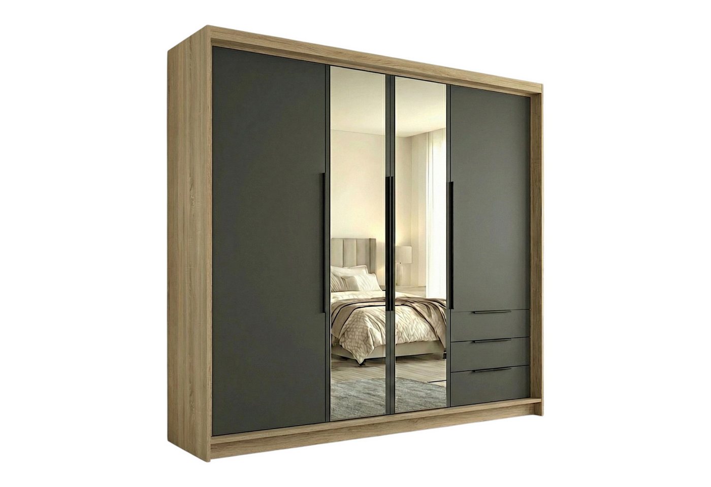 A&J MöbelLand GmbH Drehtürenschrank VIVO mit integrierten Schubladen (Geräumiger vier¬türiger Kleiderschrank mit Schubladen und Metallgriffen. Geräumiger Schrank mit einer Breite von 200 cm und Schubladen, ideal zur Aufbewahrung von Kleidung und Accessoir