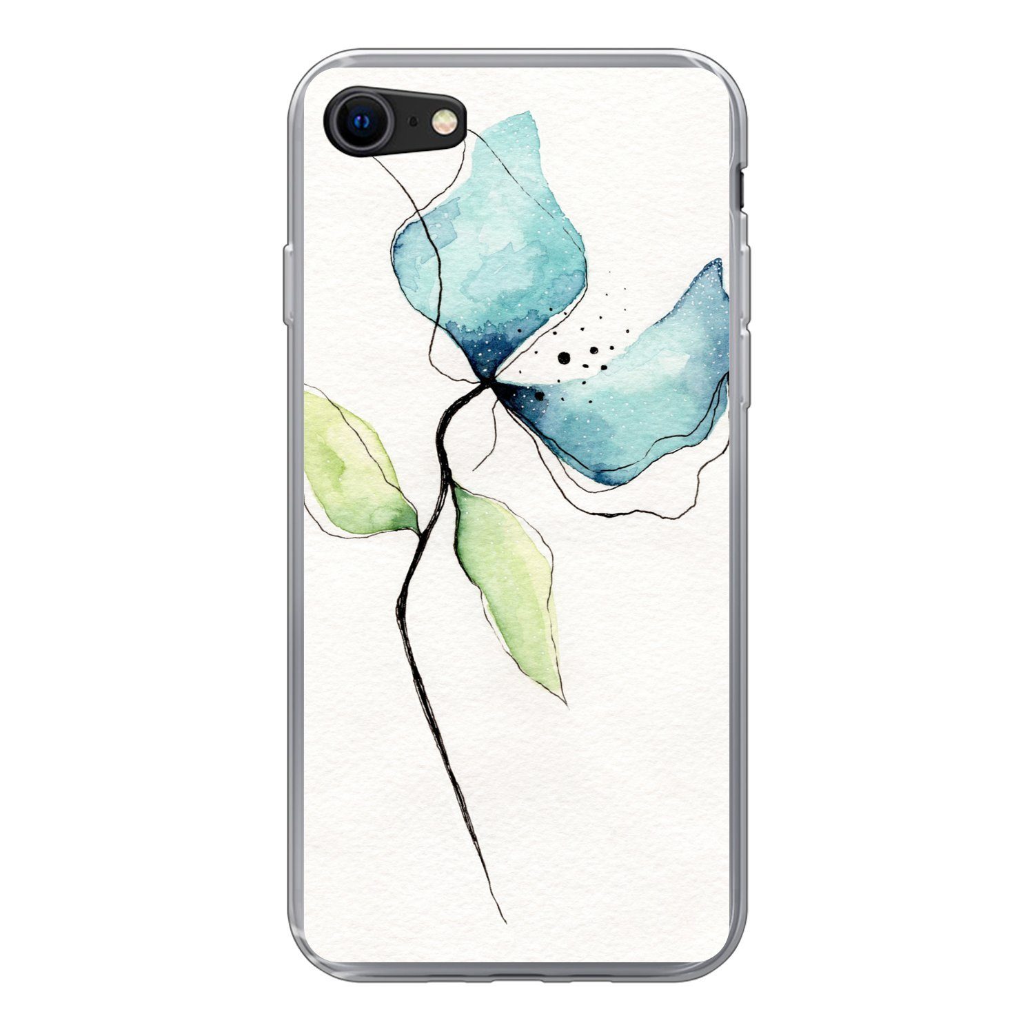 MuchoWow Handyhülle für Apple iPhone SE 2020 Blumen - Aquarell - Blau, Smartphone-Bumper, Print, Handy Schutzhülle Dünn
