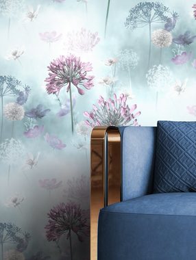 Newroom Papiertapete, Blumentapete Blau Wallpaper Floral Blumen Tapete Pflanzen Wohnzimmer Schlafzimmer Büro Flur