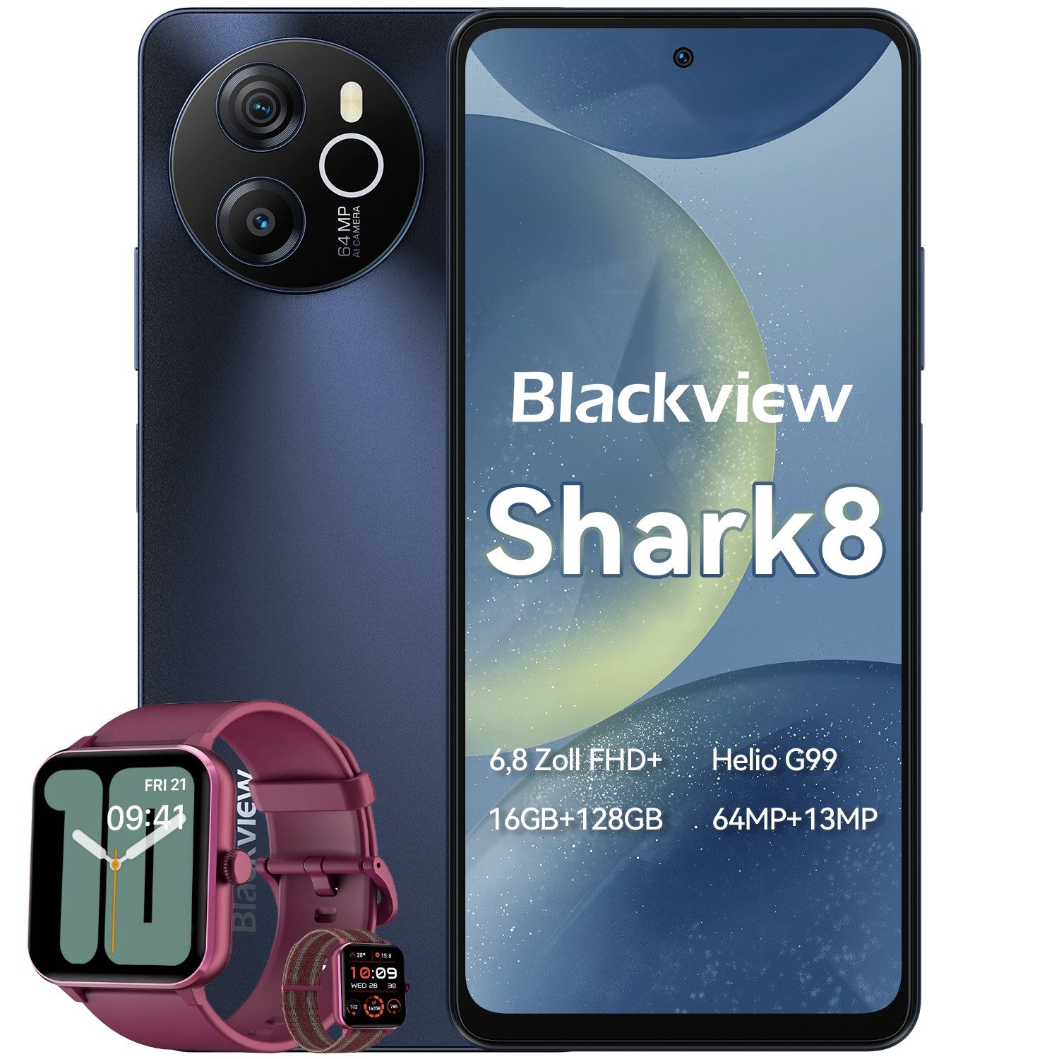blackview Shark8(8+256) incl. R50 Handy (6.8 Zoll, 256 GB Speicherplatz, 64 MP Kamera, 2.4K Display, Dual 4G, NFC/Face ID)