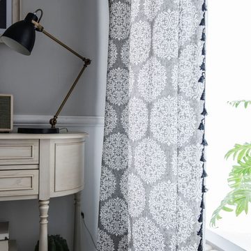 Vorhang Vorhang Vorhang mit Blumenmuster grauem Druck schwarzer Quaste, AUKUU, kleinem Fenster Küchenvorhang Baumwolle und Leinen