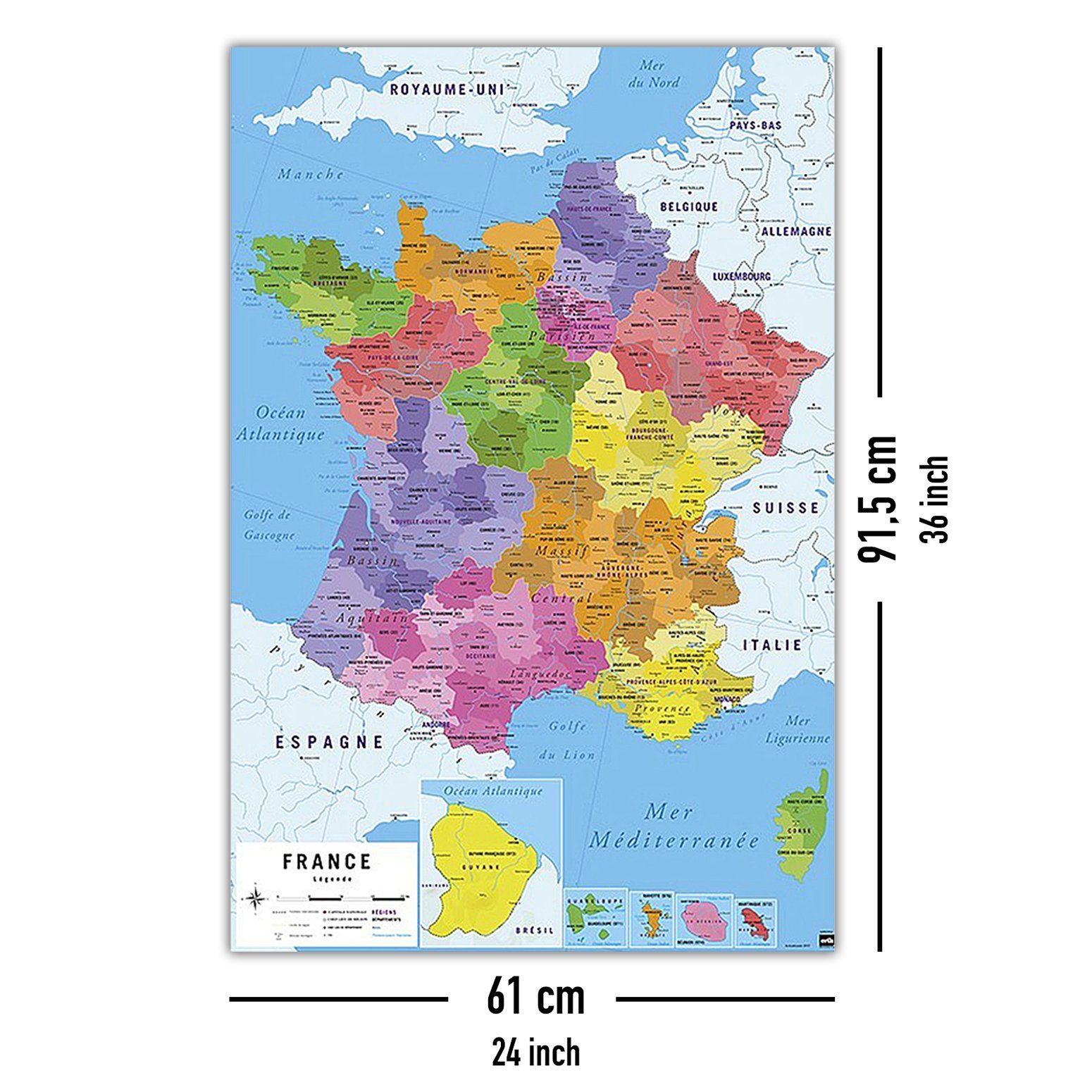 Poster Carte De France 2017 En Français – Format 61 X 91,5 Cm – Idéal Cuisine, Bureau Ou Chambre