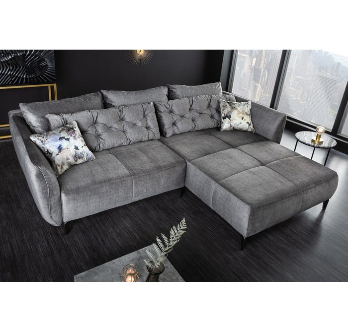 riess-ambiente Ecksofa MARRAKESCH 250cm grau / schwarz 1 Teile Wohnzimmer · Samt · L-Form · Couch inkl. Kissen · Design