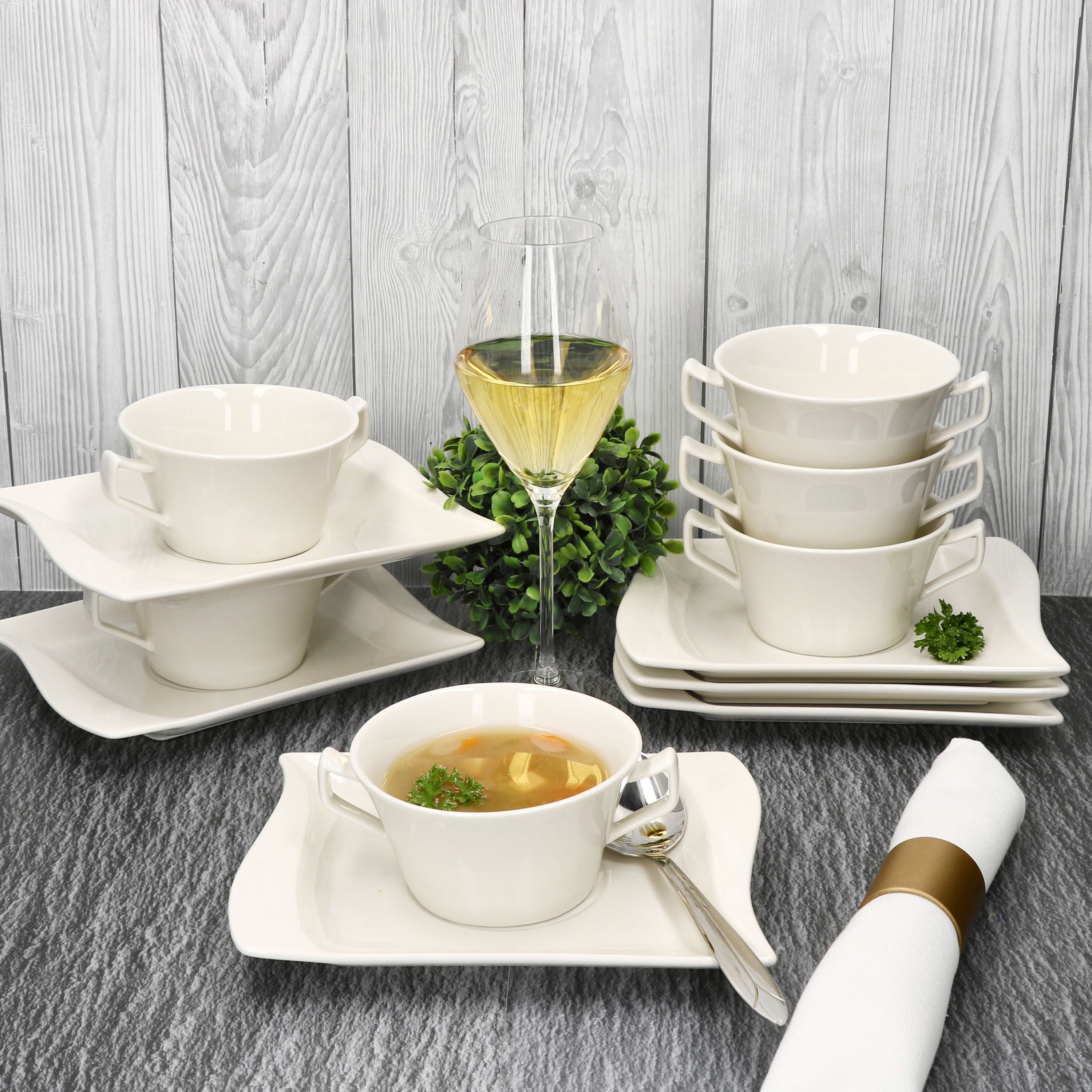 MamboCat Suppenteller 6x Ivory Suppentasse 200ml mit Untertasse Suppenterrine 6 Personen