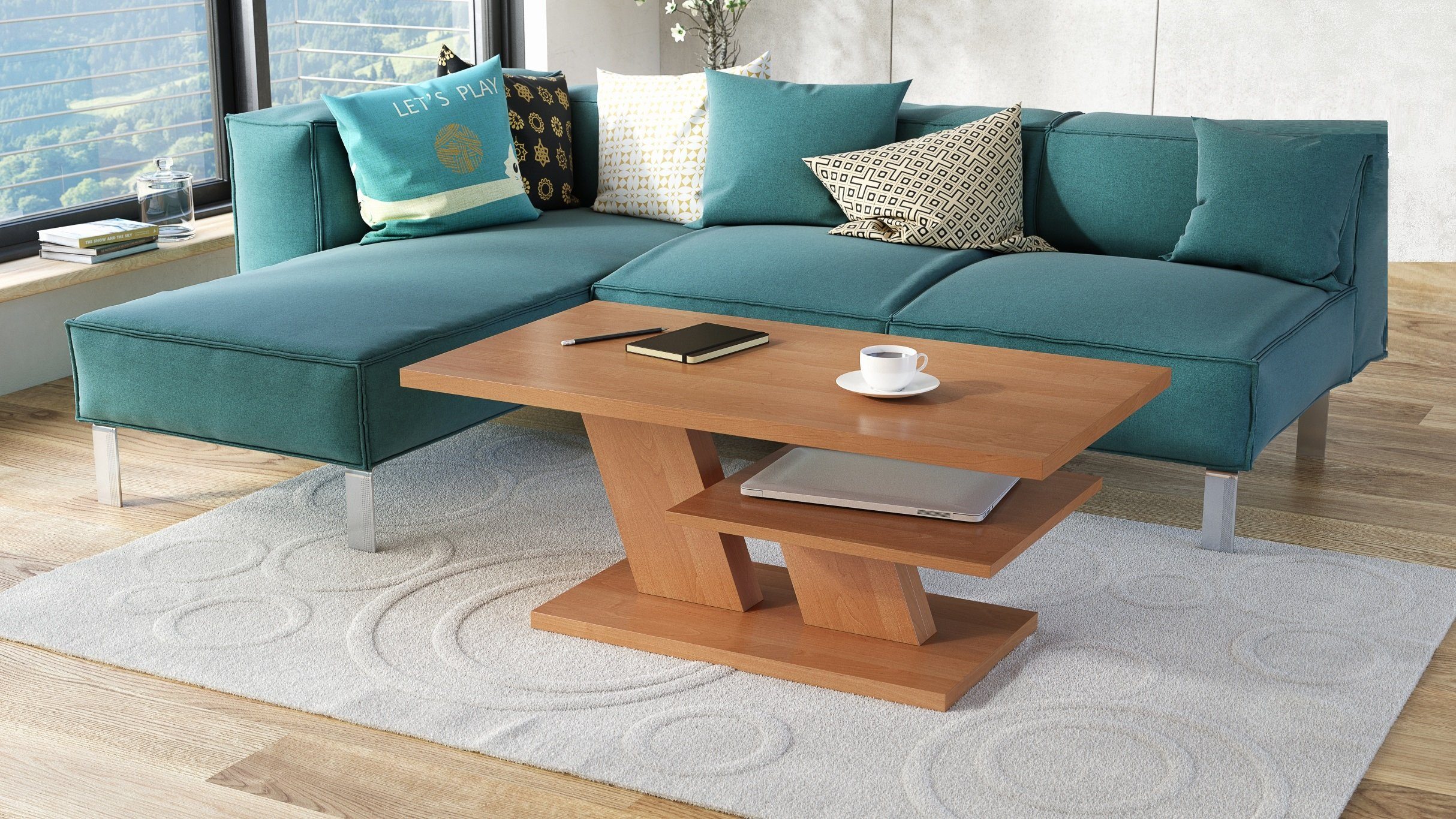 Wohnzimmertisch Tisch 110x60x45cm mit Couchtisch Erle Mazzoni Cliff Ablagefläche