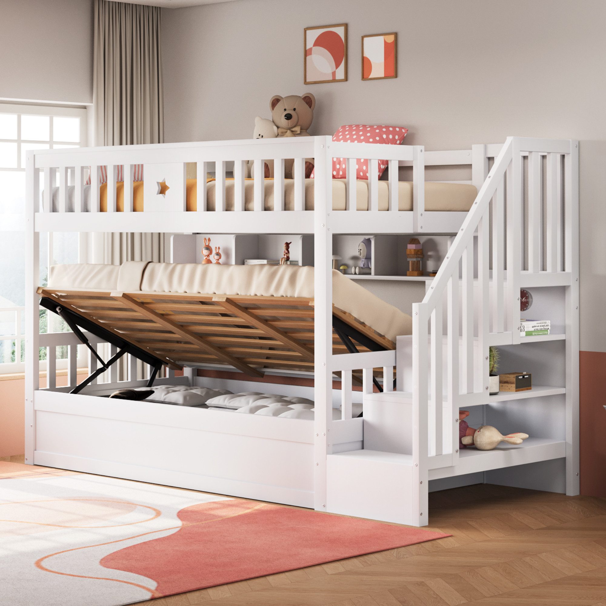 LVHOM Hochbett Kinderbett, mit Stauraum-Treppe, Bettkasten (2 Bettseiten) Hausbett, mit Bettkasten