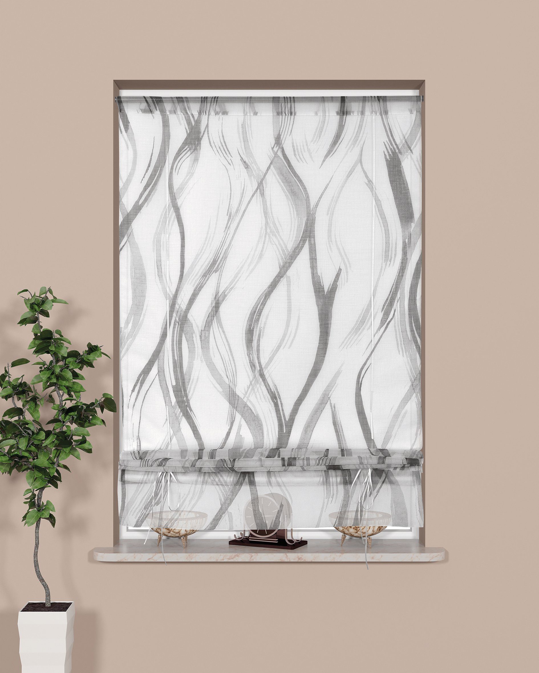 EXPERIENCE Bändchenrollo Raffrollo Scheibengardine Bändchenrollo Küchengardine 4011 Weiß Grau Blau Druck Strukturiert, mit Stangendurchzug, Tunnelzug, Scheibengardine zum Raffen