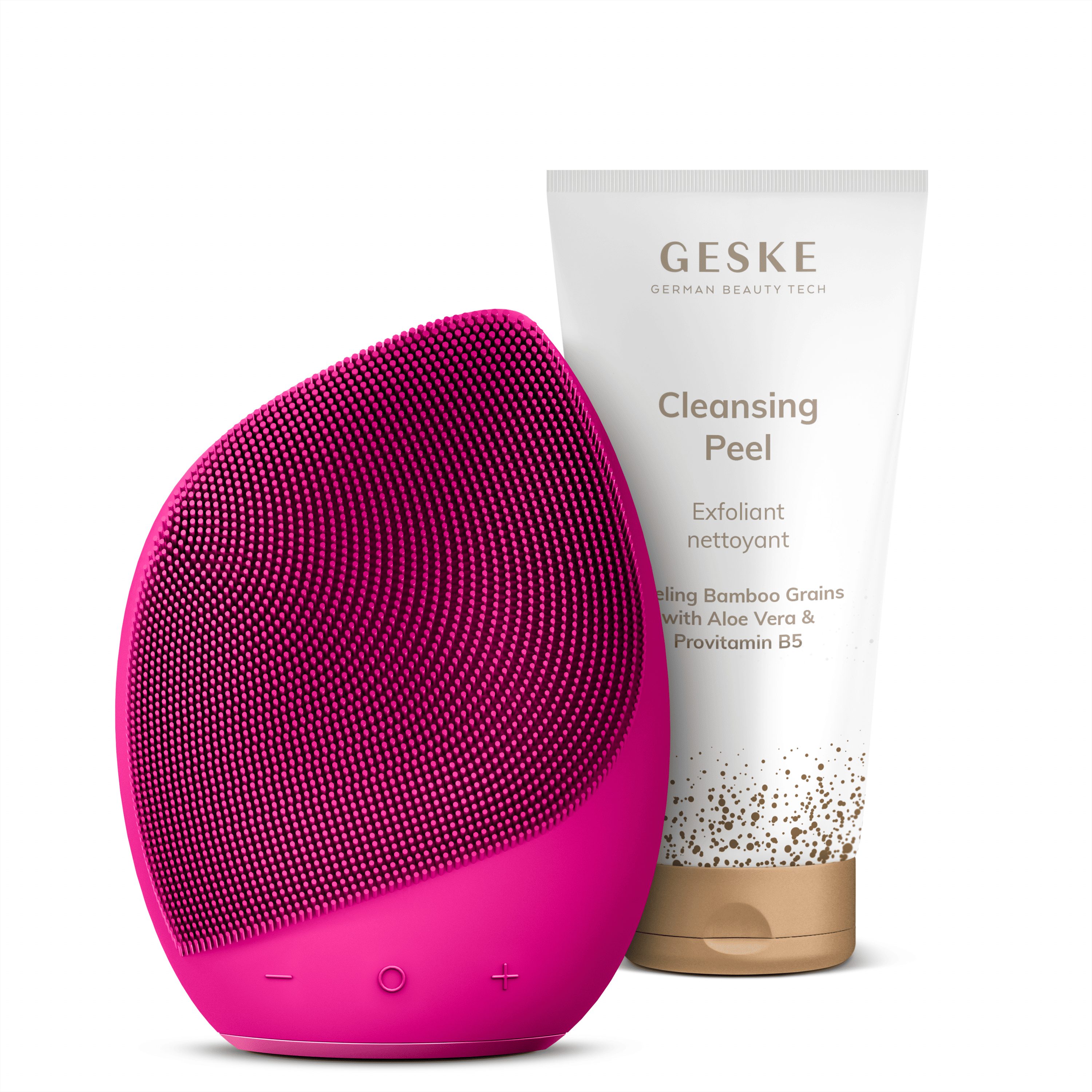 GESKE German Beauty Tech Elektrische Gesichtsreinigungsbürste Sonic Facial Brush 5 in 1 Farbe: Magenta + Gratis Kosmetik, Packung (Gerät & USB-Ladekabel), 2-tlg., Gerät inkl. kostenloser APP (SmartAppGuided Device), Anti-Aging Massage-, SmartSonic Pulsation- & Tiefen-Wärme-Technologie