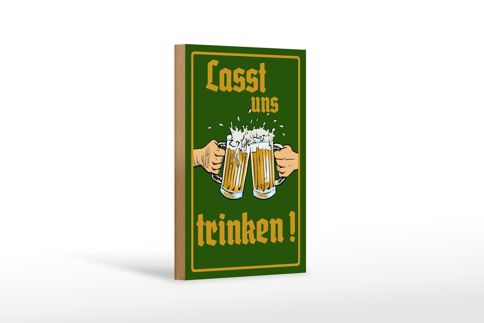 Holzbild 12x18 cm Bier lasst uns trinken Gläser