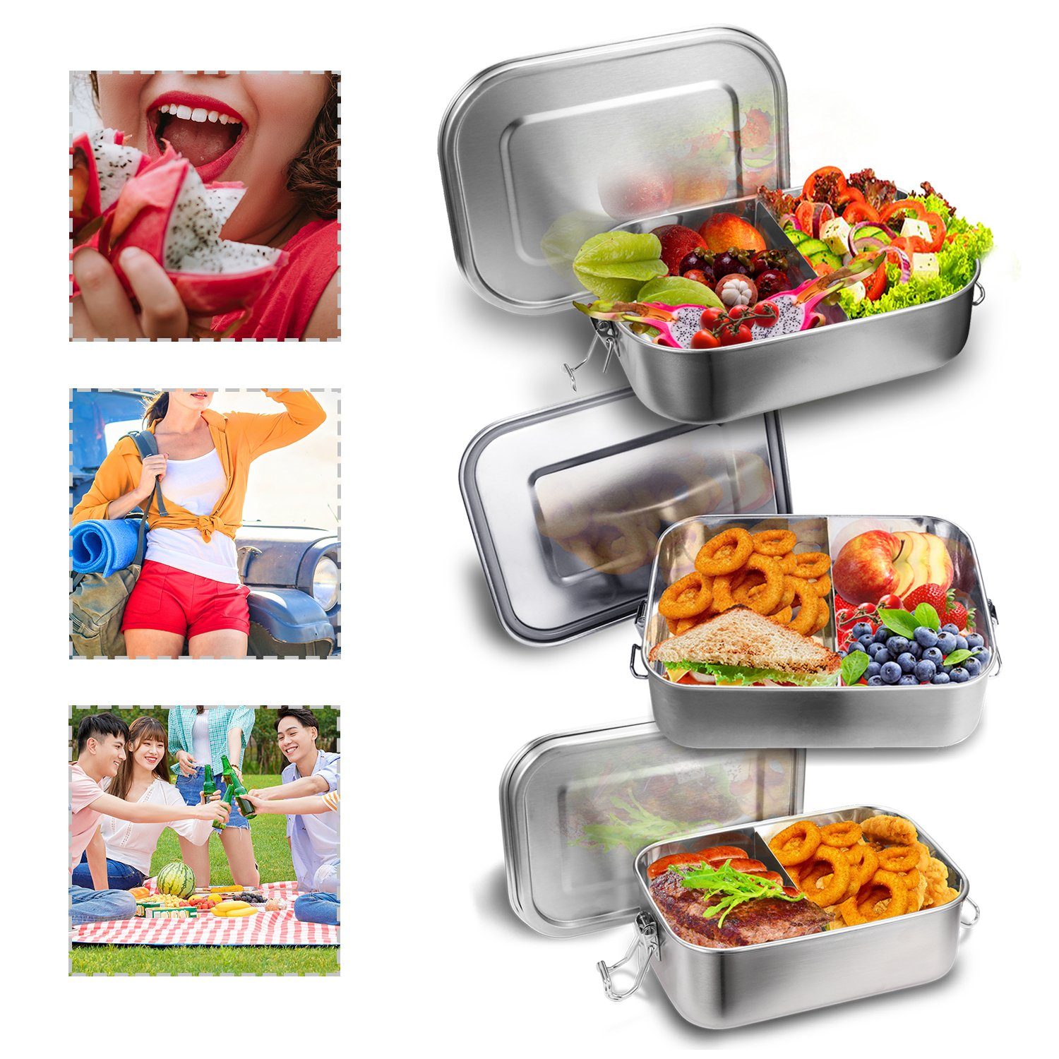 Lunchbox 800-1400ml Fächern 800+1200+1400ml frei Silber Edelstahl, BPA Brotdose Metall Lunchbox Brotdose (abnehmbar) Thermobehälter Clanmacy