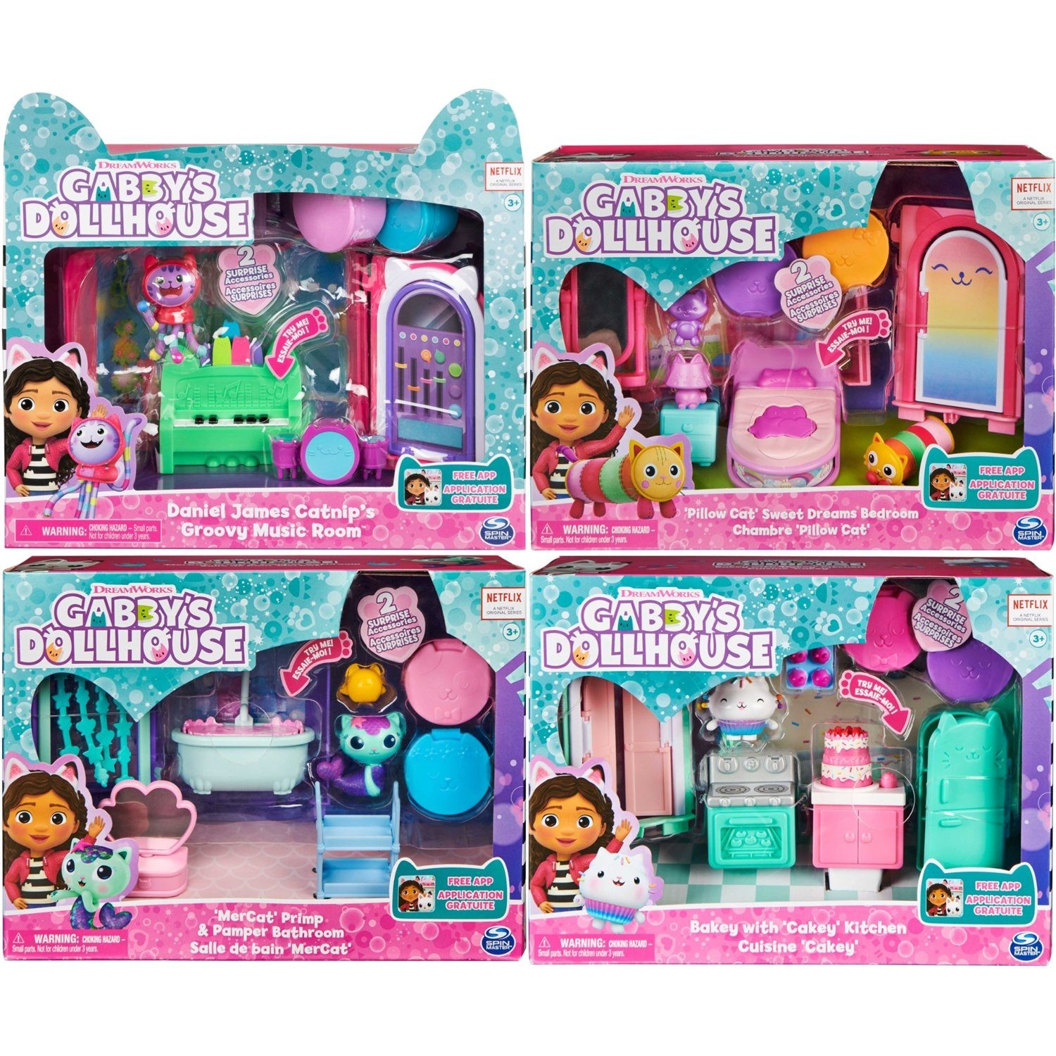 Spin Master Spielfigur 606035-36-37-0915 Gabby's Dollhouse 4er Set Küche+Bad+Schlafzimmer+