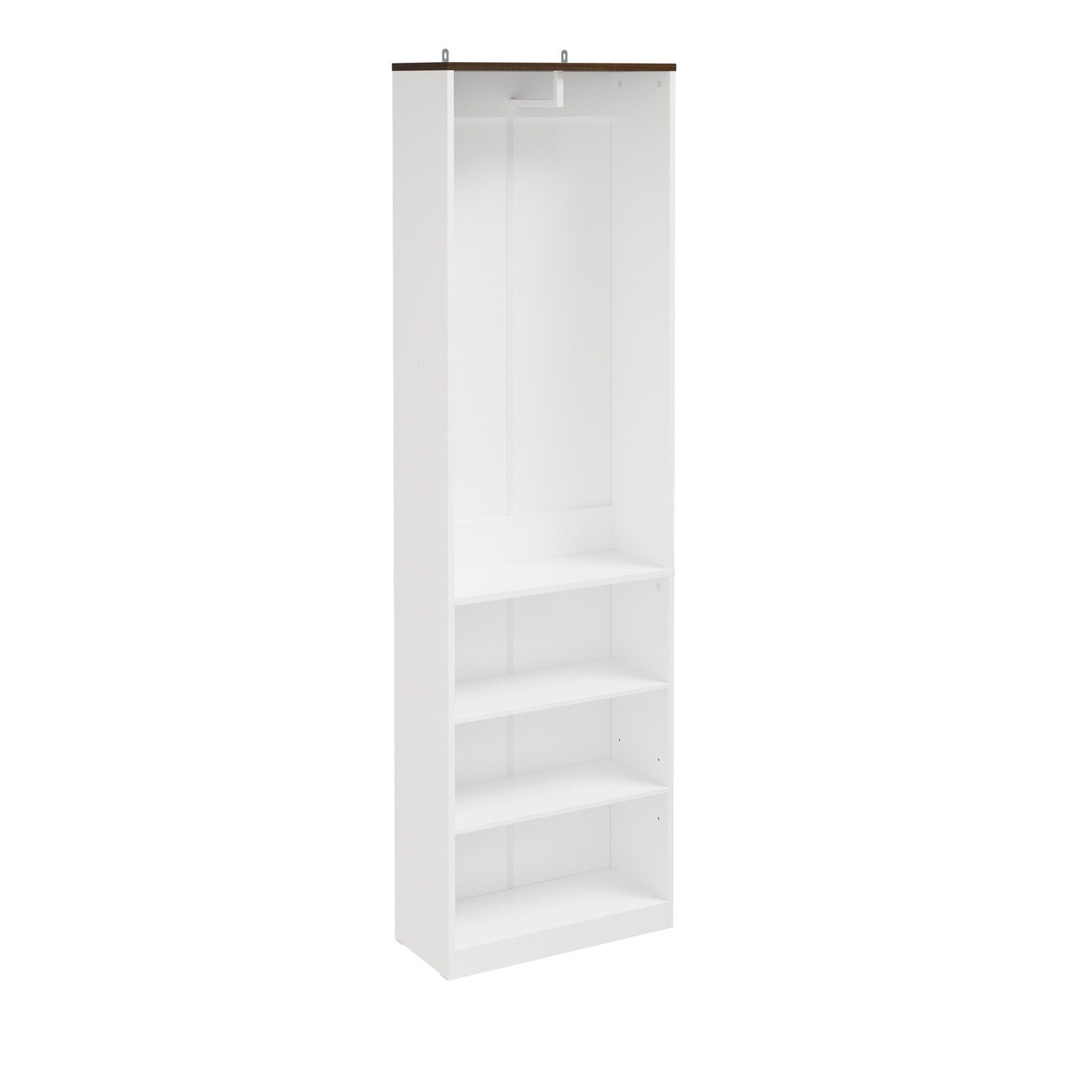 SoBuy Kleiderständer KSB02, schmaler Garderobenschrank mit Kleiderstange, offener, (1er Set), Weißer Schrank mit Holzoptik-Deckplatte, 3 Ablagen und Stange für Flur