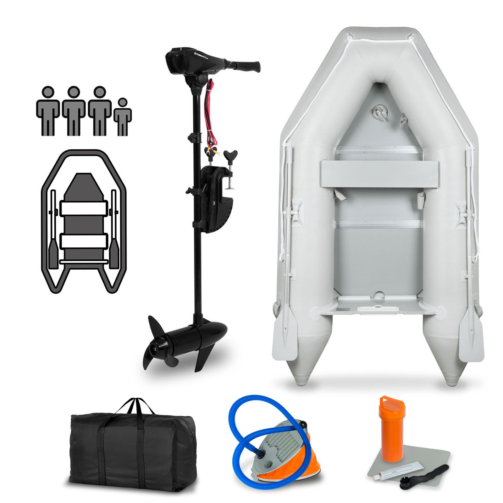 EBERTH Elektroboot Schlauchboot mit Motor, 3 +1 Personen, 50 LBS Schubkraft, Führerscheinfrei, Angelboot mit Elektro Außenborder