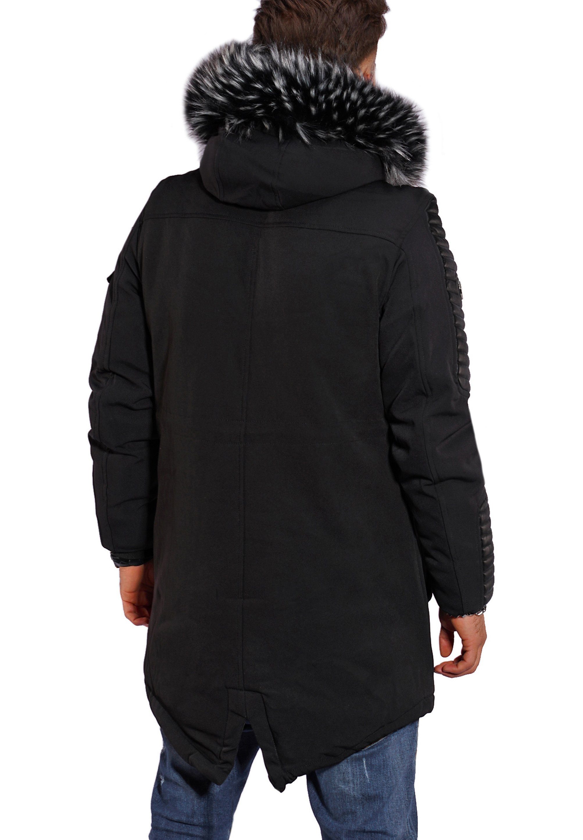 Parka Puffer Schwarz-Black Kunstfell Parka Style-Division S2HOLMSBU Kapuze Lang & mit Jacke