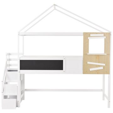 SOFTWEARY Hochbett (Kinderbett mit Lattenrost und Schubladen, 90x200 cm) Hausbett aus Kieferholz, Einzelbett mit Rausfallschutz, inkl. Treppe