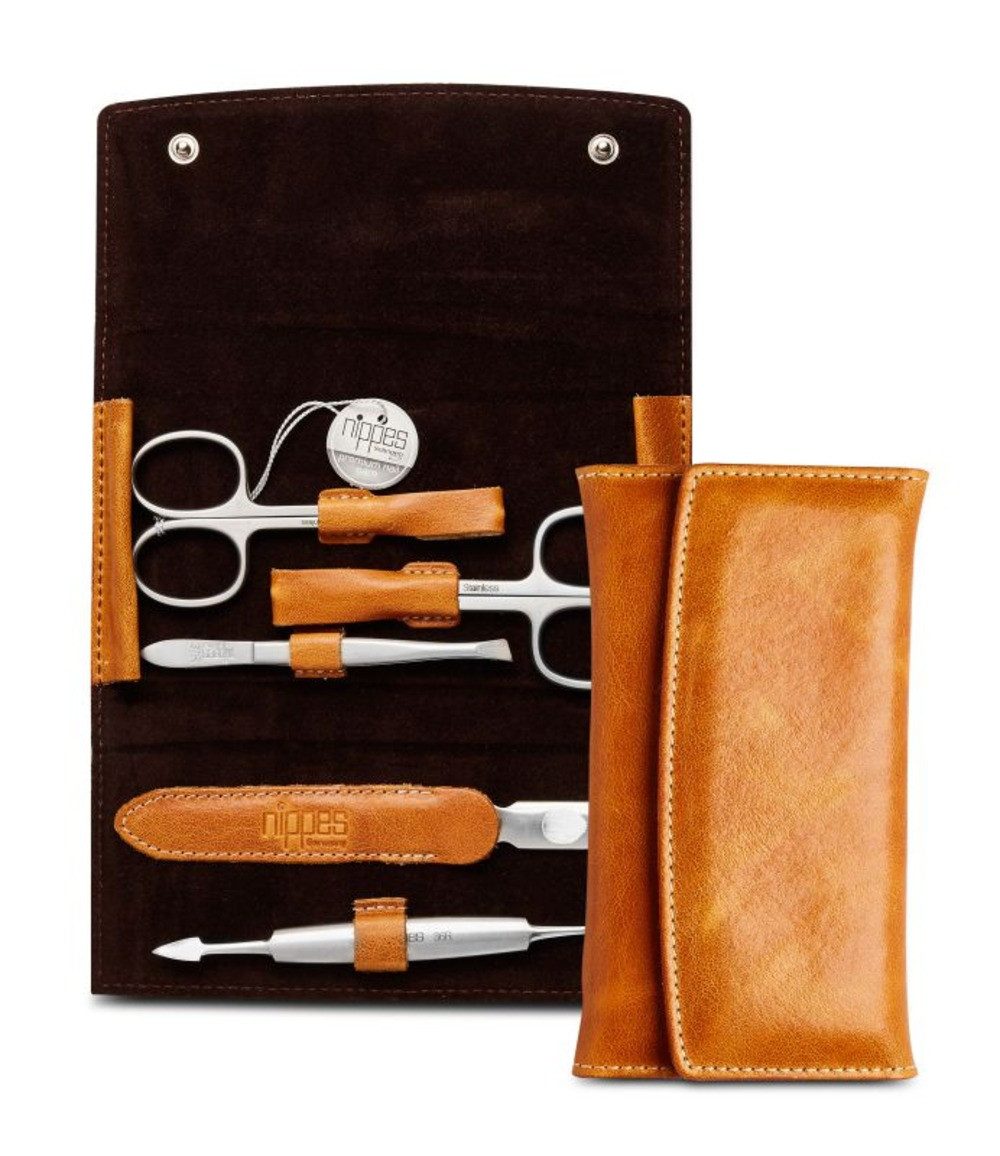 nippes Solingen Maniküre-Etui Maniküre Set Cognac, 5-teilig, Edelstahl rostfrei, Nagelpflege Set, 5 tlg., echtes Leder
