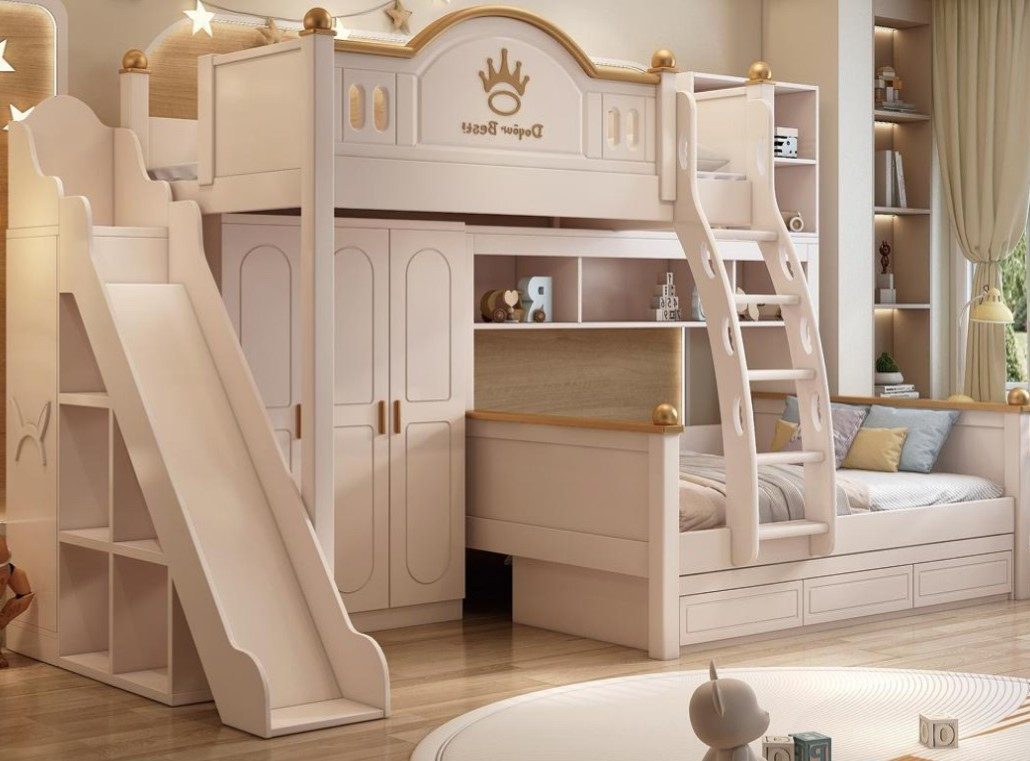 Xlmoebel Etagenbett XLMOEBEL Kinderbett Holz weiß mit Rutsche und Schubladen (Etagenbett, 1-St., Etagenbett mit Rutsche), Made in Europa