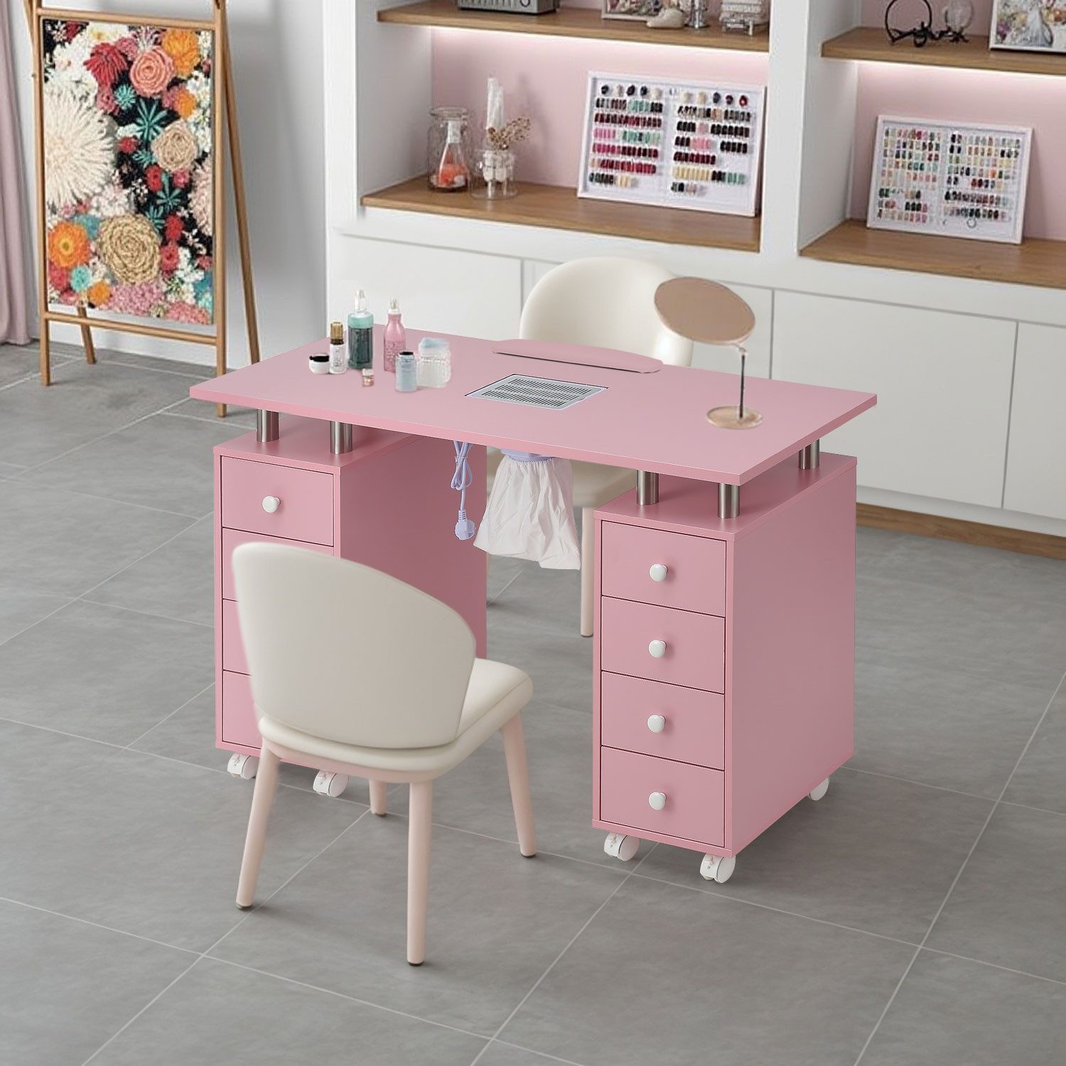DARDVORLAG Arbeitstisch Profi Maniküretisch, Nageltisch mit Absaugung und 8 Schublade, leicht zu wischen, 119×45×78.5cm, Rosa