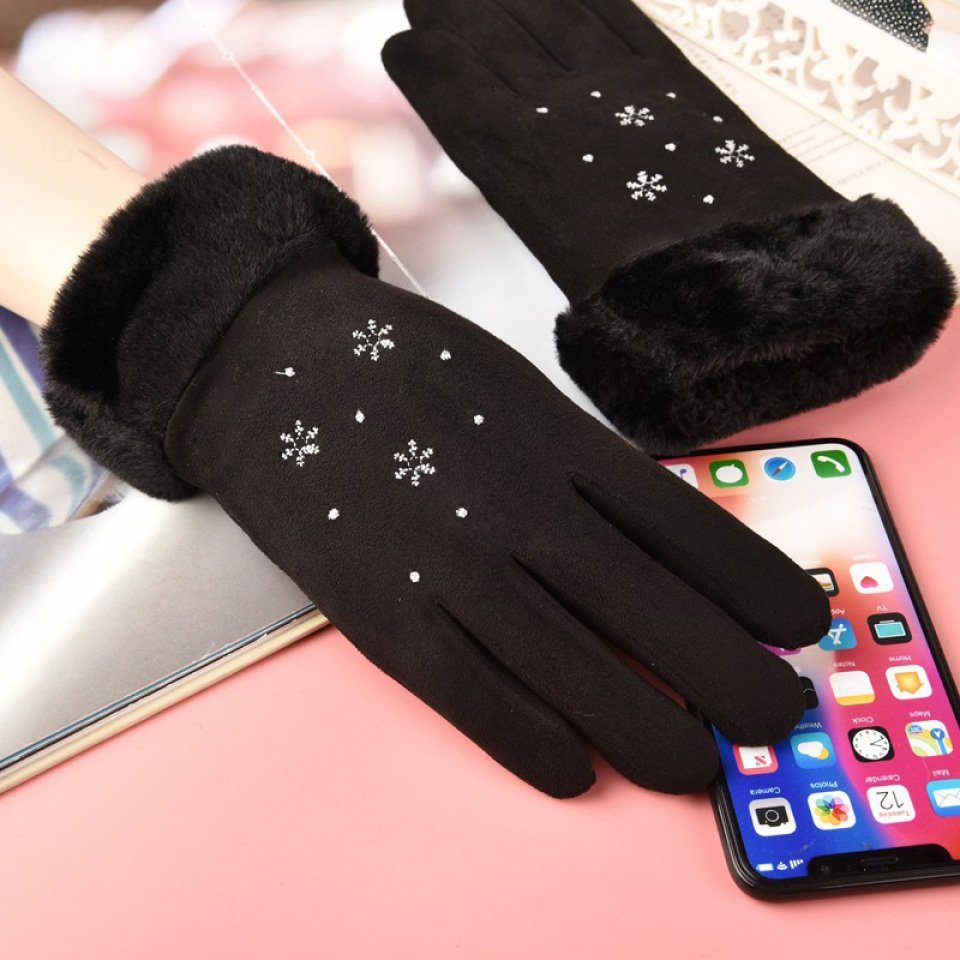 Blusmart Lederhandschuhe Frauen Schneeflocke Lederhandschuhe Berührt khaki Hand Wärmende Wildleder Handschuhe