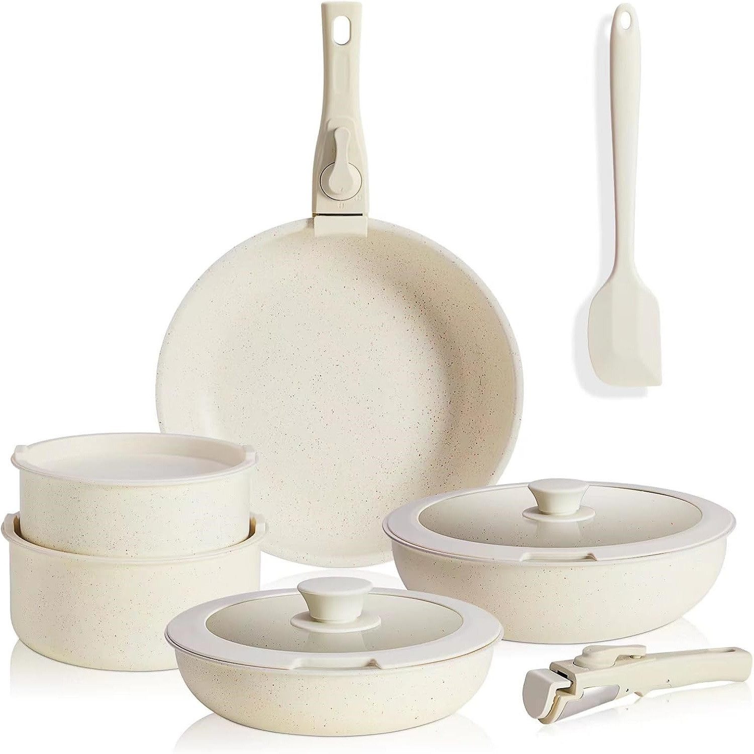 ANYSUN Topf-Set Induktion Pfannenset, Granit-Antihaftbeschichtung (Set, 12-tlg., Bratentopf 20/25 cm,Saute Pan 25 cm, Kochtopf 18/20 cm+ Deckel, Griff), Antihaft Kochgeschirr-Set mit Abnehmbaren Griffen, Stapelbar Topfset