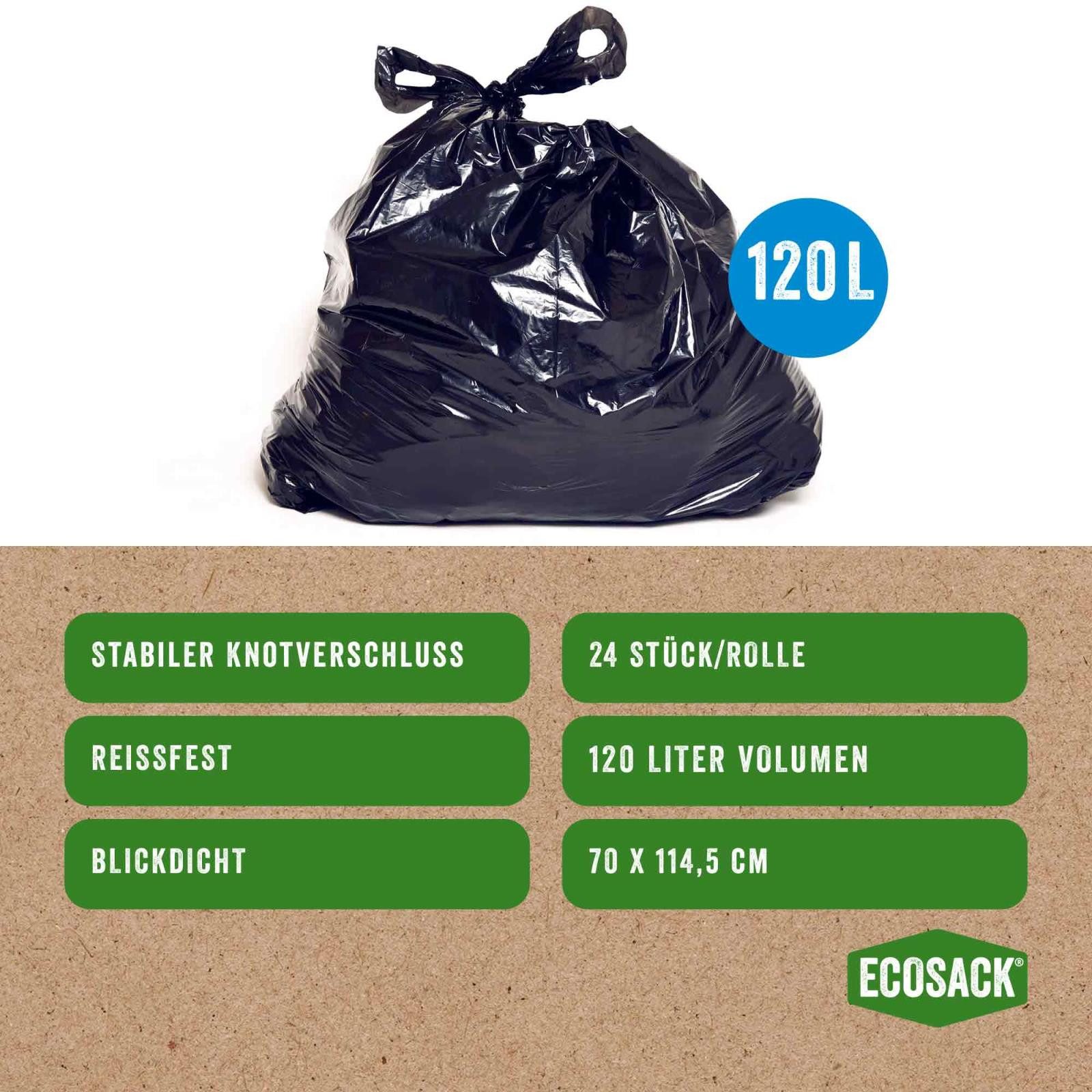ECOSACK Müllbeutel Öko Mülltüten recycelte Folien 120 Liter 240 Stück schwarz blickdicht, Zubehör für Mülleimer bis 120 Liter, mit 100% Ökostrom hergestellt