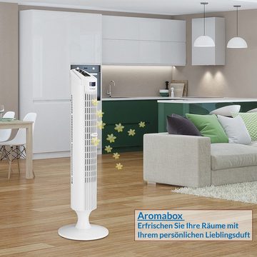 Deuba Turmventilator, mit befüllbarer Armomabox • 60° Oszillationswinkel • Luftstrom von 13 m³ pro Minute • Turbo-Funktion mit bis zu max. 6 m/Sek.• mit Timer von 0,5 bis 12 Stunden • Steuerung über die mitgelieferte Fernbedienung • extra Ausnehmung für Fernbedienung oben im Ventilatorkopf