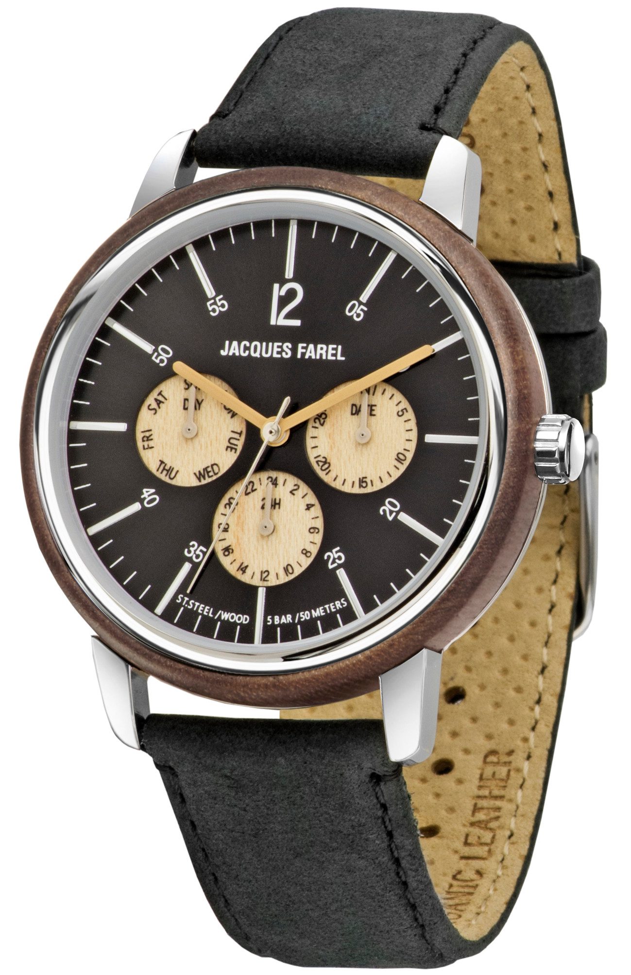Jacques Farel Quarzuhr ORM2002 nachhaltige Herren Damen Armbanduhr Stahlgehäuse Holzring Lederband 5 bar, Analog Schwarz Braun Multifunktion Datum Wochentag 24h Ø42 mm