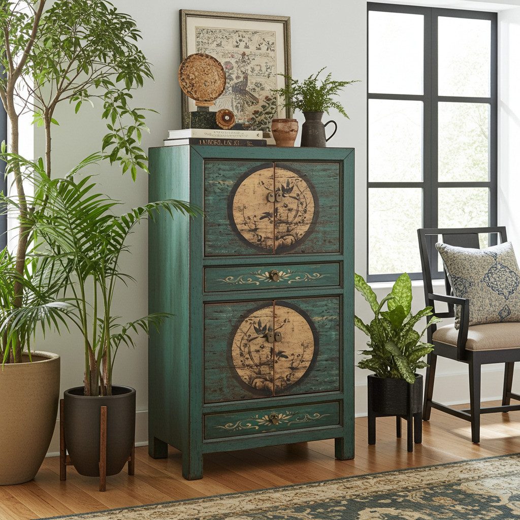 OPIUM OUTLET Kleiderschrank Möbel Asia Vintage Schrank chinesisch (Wohnzimmer Schlafzimmer Landhaus Antik-Stil, asiatisch chinesisch orientalisch) Hochzeitsschrank Hoch-Kommode komplett montiert