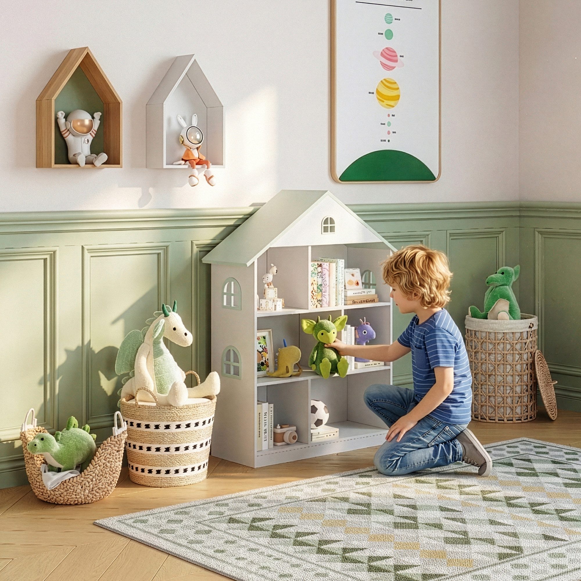 en.casa Kinderregal, »Vipsali« in Hausform 107 x 83 x 30 cm Weiß/Mintgrün