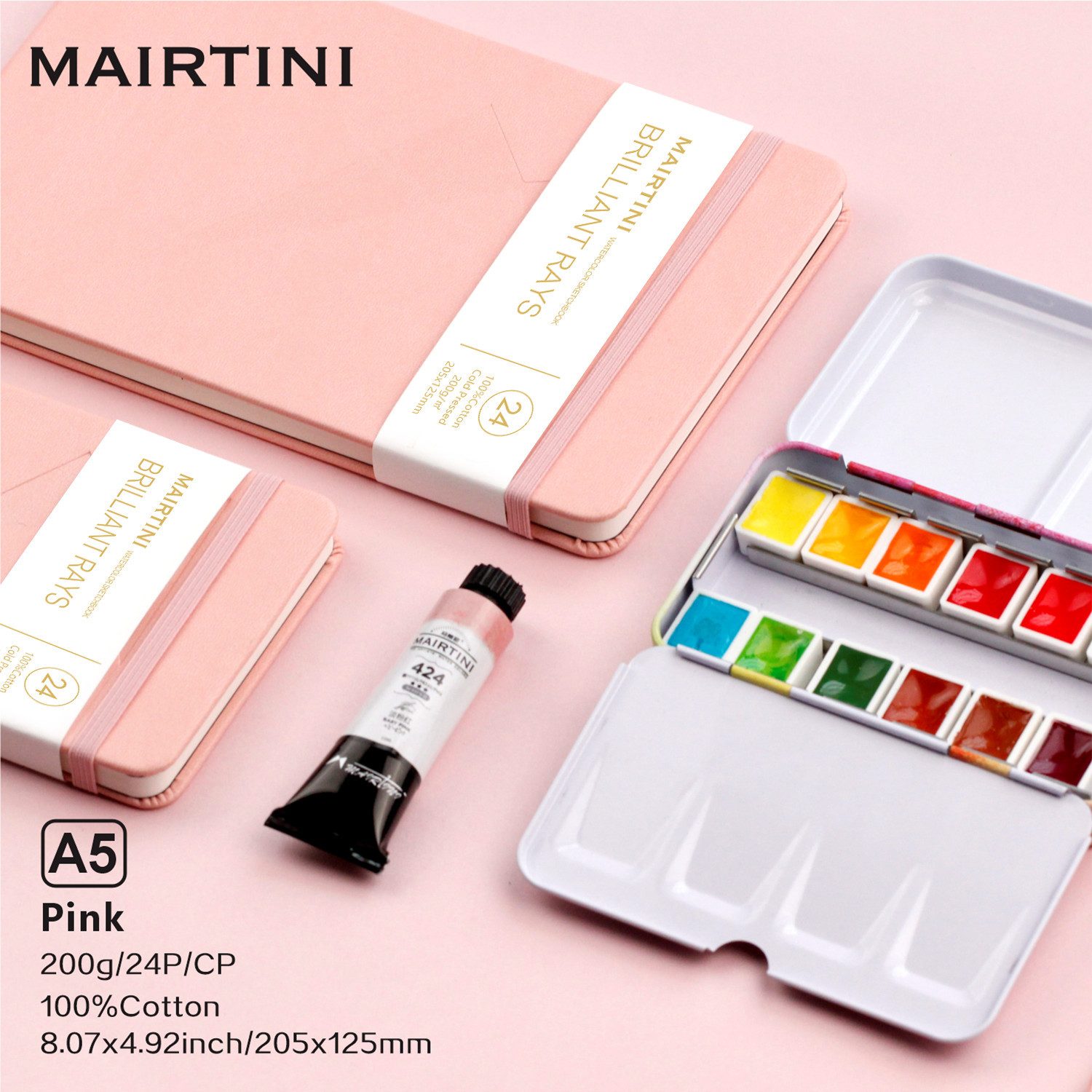 Mairtini Aquarellblock aus 100% Baumwolle - Format A5 oder A6 - in Orange/ Pink/ Grün/ Braun, 24 Blatt, 200g/m², kaltgepresst, ideal für Malen unterwegs