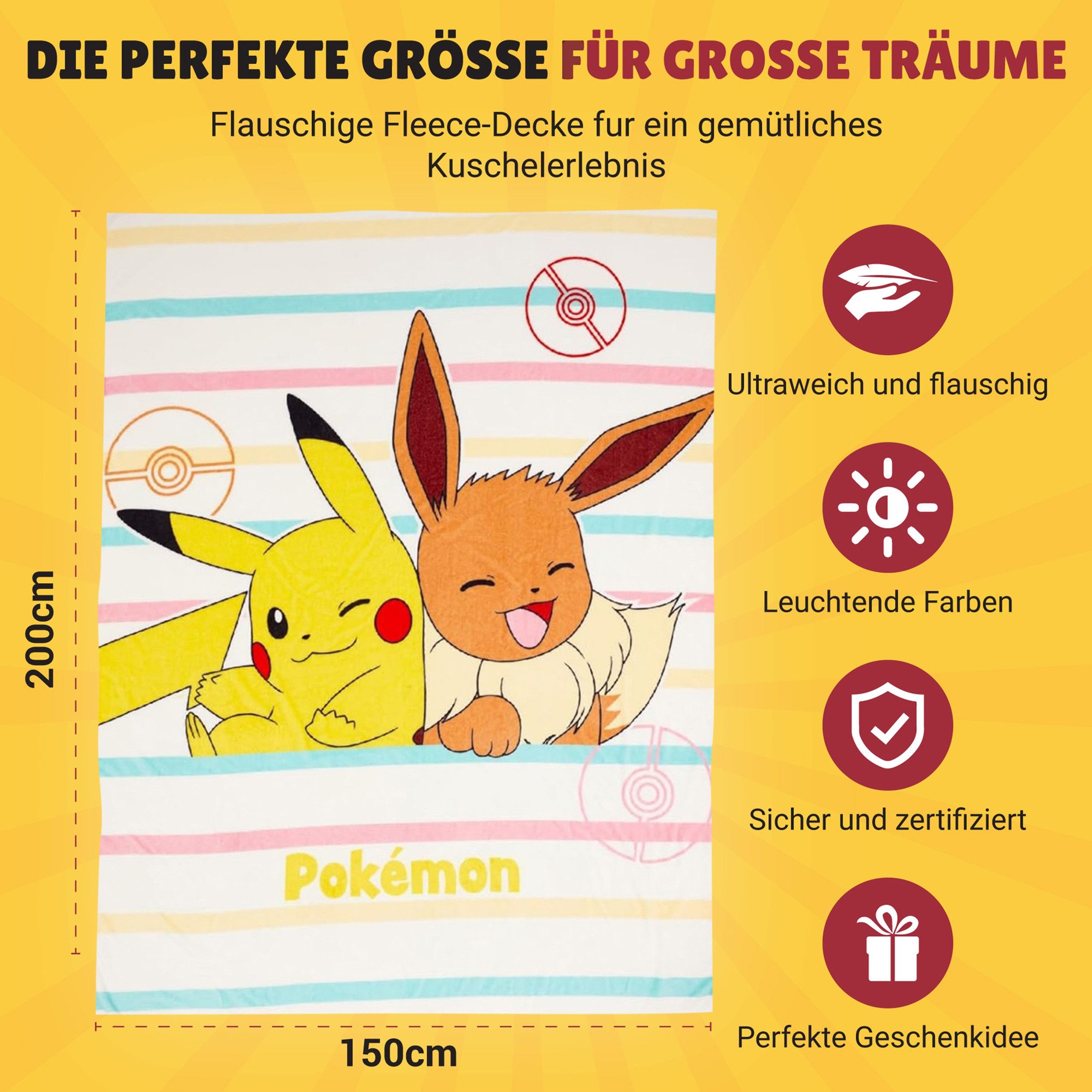 Kinderdecke Pokémon Tagesdecke XL Flauschdecke 150x200 cm mit Pikachu und Evoli, Familando, schnelltrocknend, extra weich, pflegeleicht