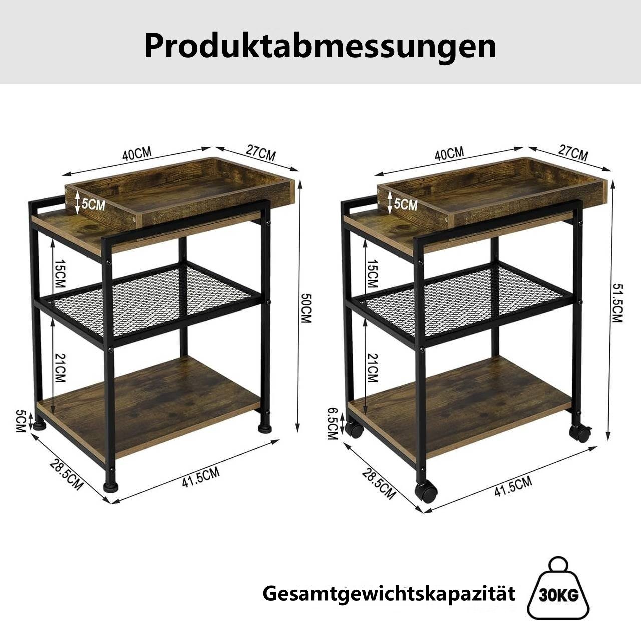 Woltu Couchtisch (1-St), mit Rollen, Ablagen 3 Vintag-Holzoptik+Schwarz abnehmbares 1 Tablett