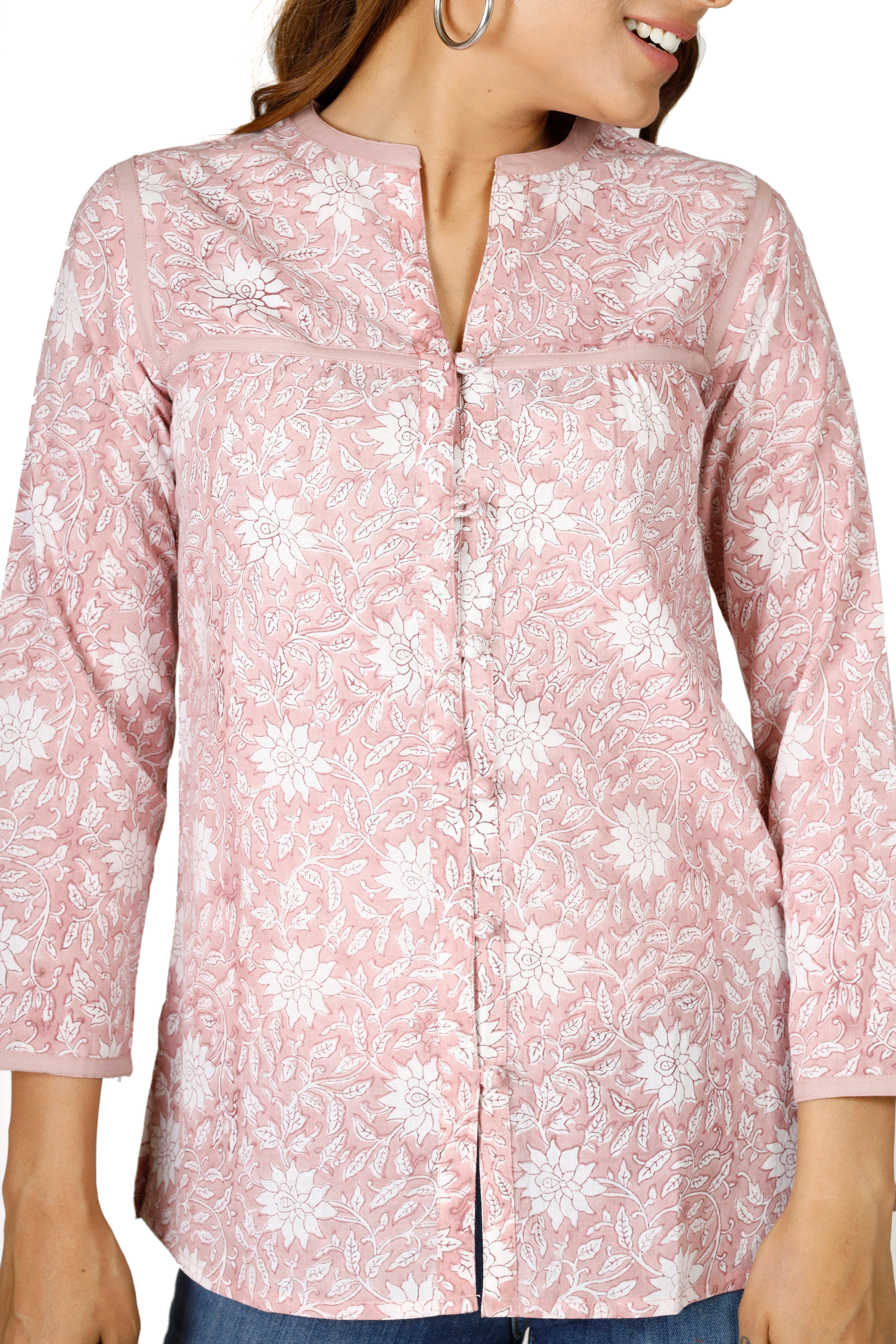 Guru-Shop alternative Bekleidung Baumwollbluse.. Handbedruckte rosa Longbluse Bohobluse, luftige