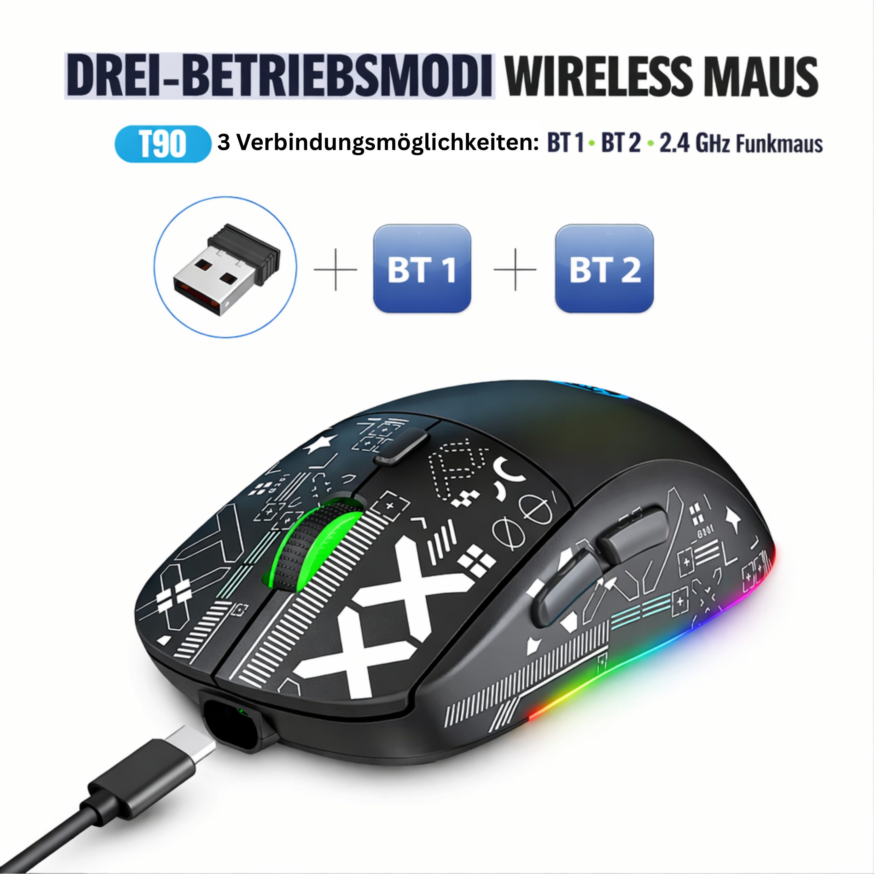 RUHE RGB Gaming Maus Kabellos Wireless Leise Maus Beleuchtung Plug & Play Gaming-Maus (Bluetooth, Funk, kabelgebunden, 3 Geräte Verbindung, Drahtlos, Optische Maus, 3600 dpi, 10M Einstellbar DPI Schwarz Weiß 6 Tasten für Laptop/PC/Mac/Computer)