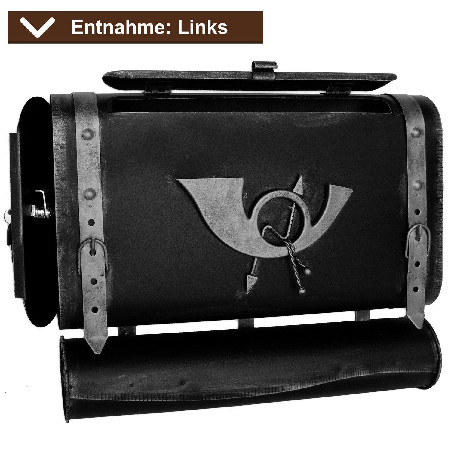 Briefkasten-Versandshop Wandbriefkasten Briefkasten Retro alter Koffer mit Posthorn Postkasten mit Zeitungsfac, Öffnung Links
