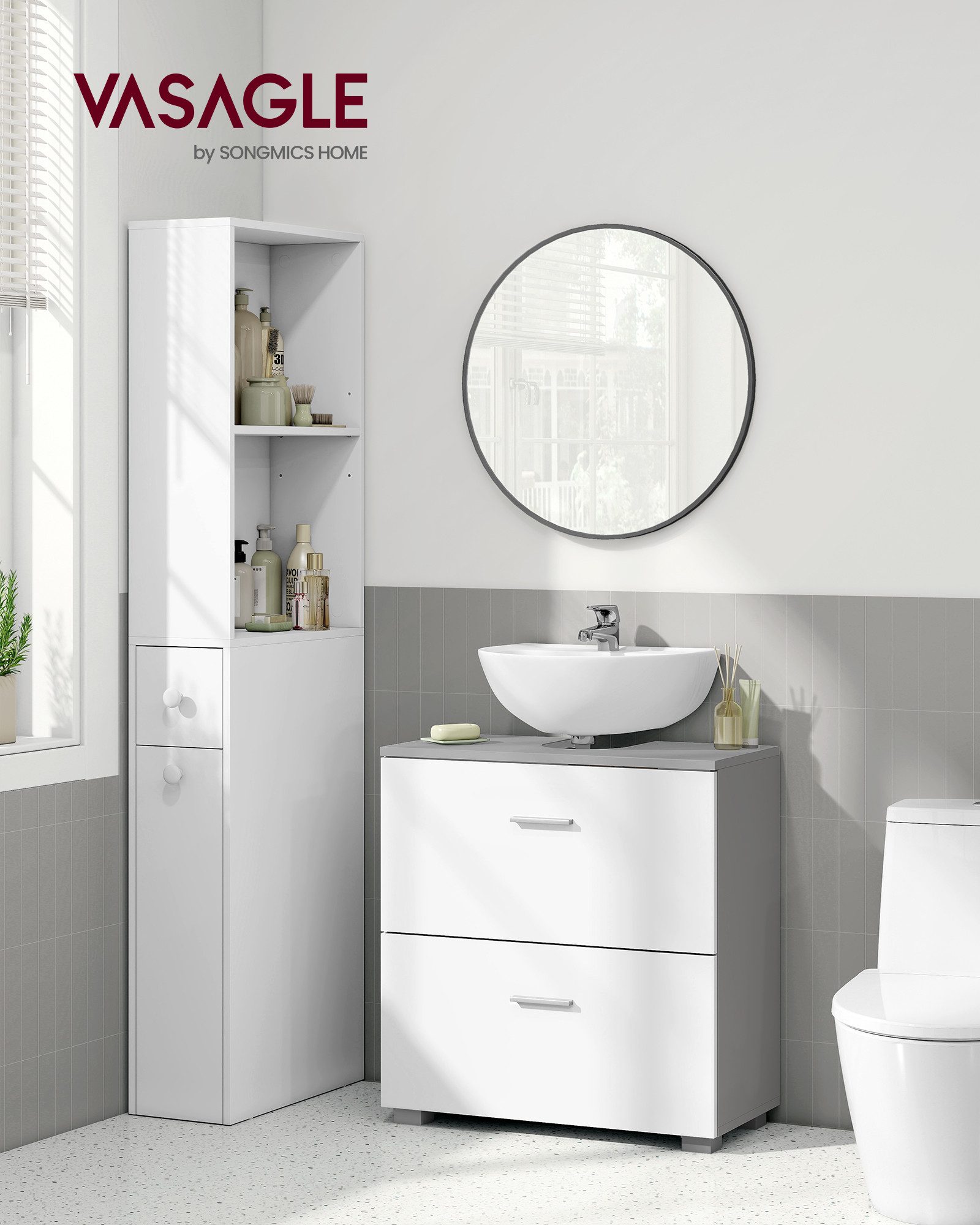 VASAGLE Waschbeckenunterschrank Badezimmerschrank mit 2 Schubladen, 60 x 63,8 x 30 cm, verstellbare Regalebene
