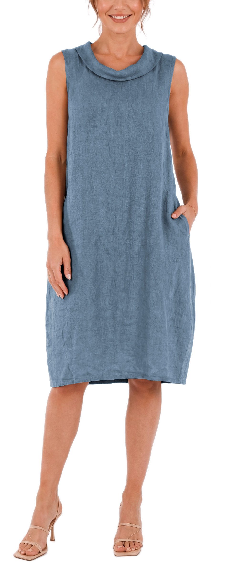 dy_mode Midikleid Damen Leinenkleid Luftiges Midi Sommerkleid Ballonkleid Strandkleid in Unifarbe, Wasserfallkragen, mit seitlichen Eingriffstaschen