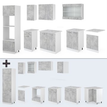 Livinity® Küchenzeile R-Line, Beton/Weiß, 300 cm mit Hochschrank, AP Anthrazit