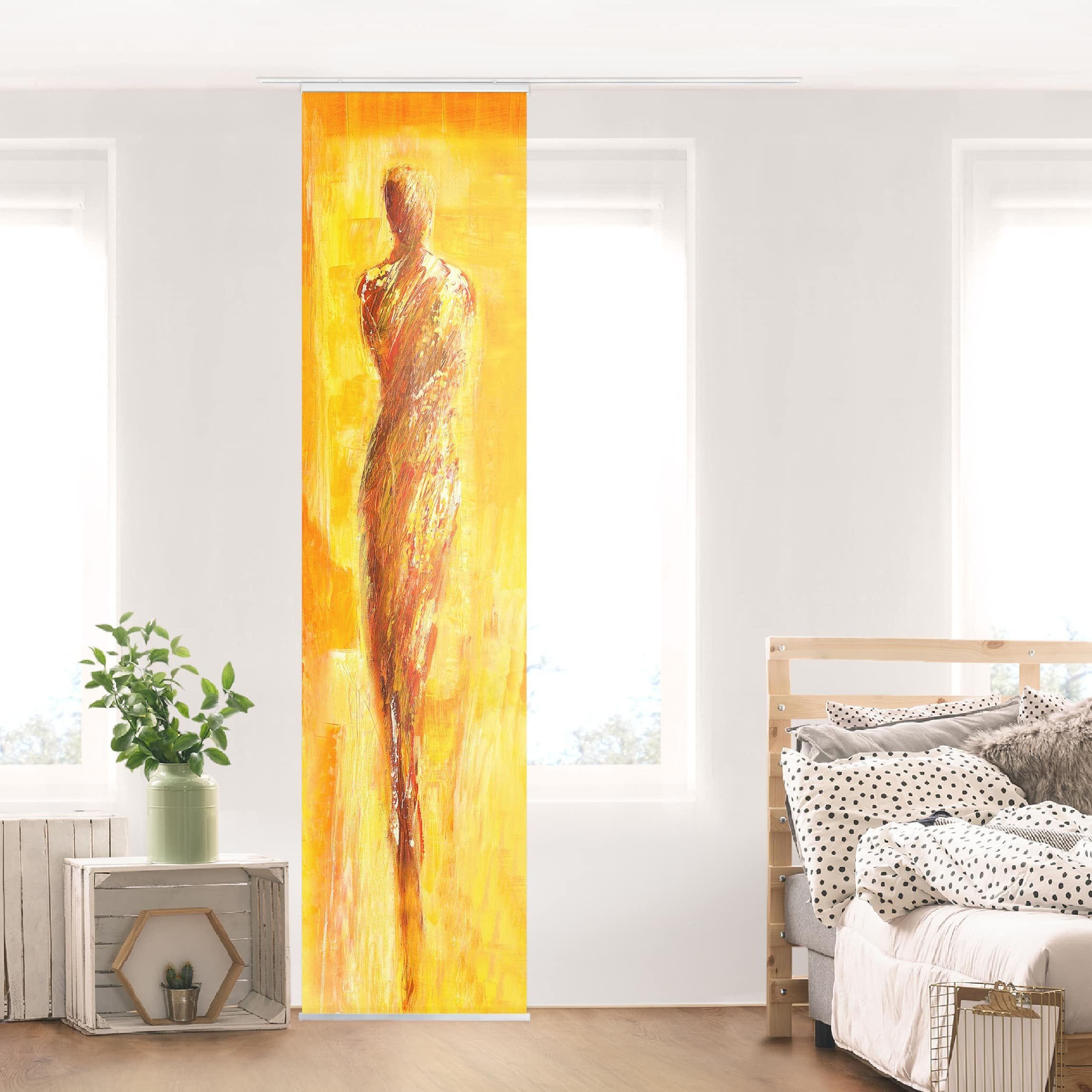 Bilderdepot24 Schiebegardine modern Flächenvorhang blickdicht Figur in Gelb (1 St), halbtransparent, Wohnzimmer große Flächengardine lichtdurchlässig für Klemm-System
