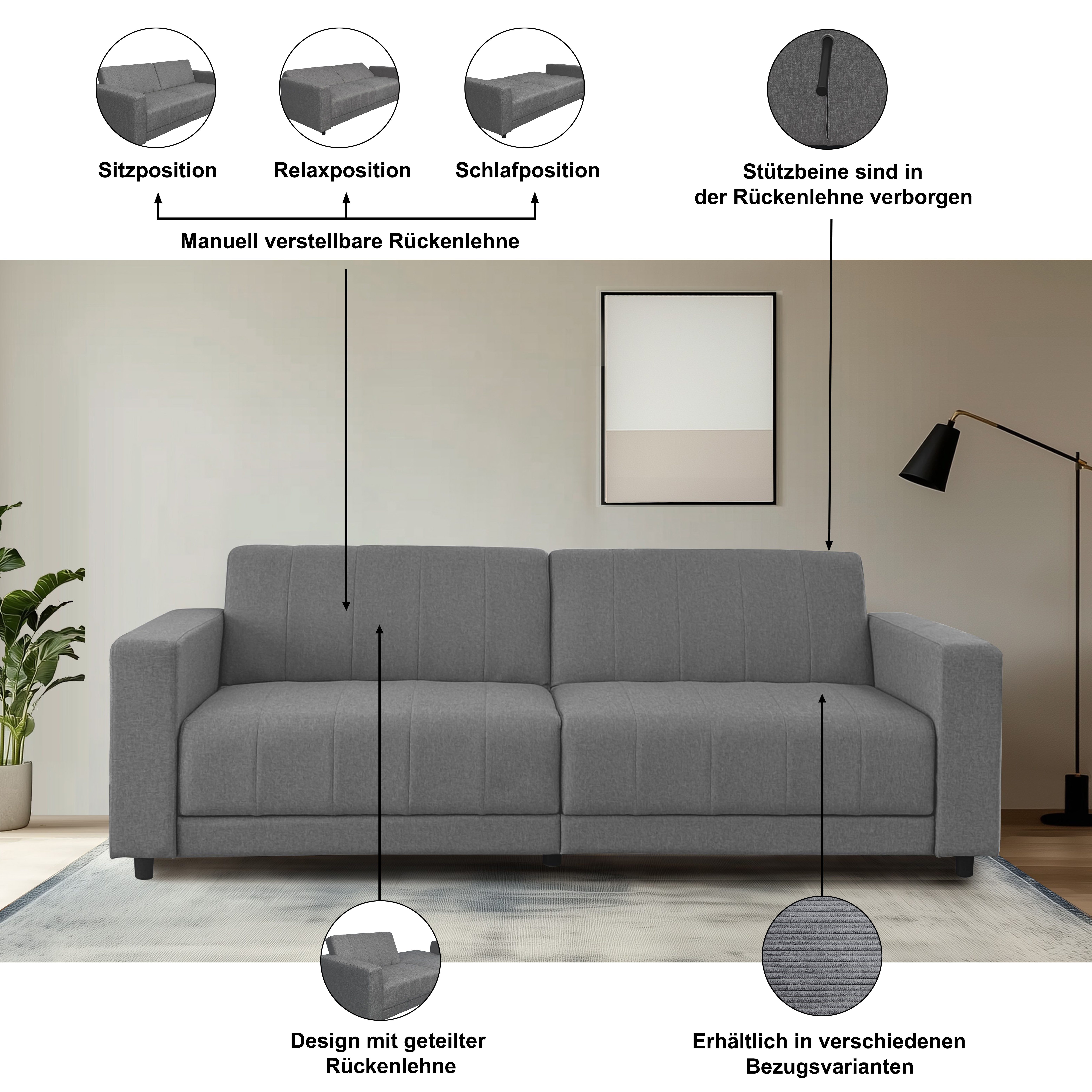 Dorel Home 3-Sitzer Allie II Schlafsofa 225 cm, Bett-Funktion (108/190cm), Rückenlehne 2-teilig, mit Steppung