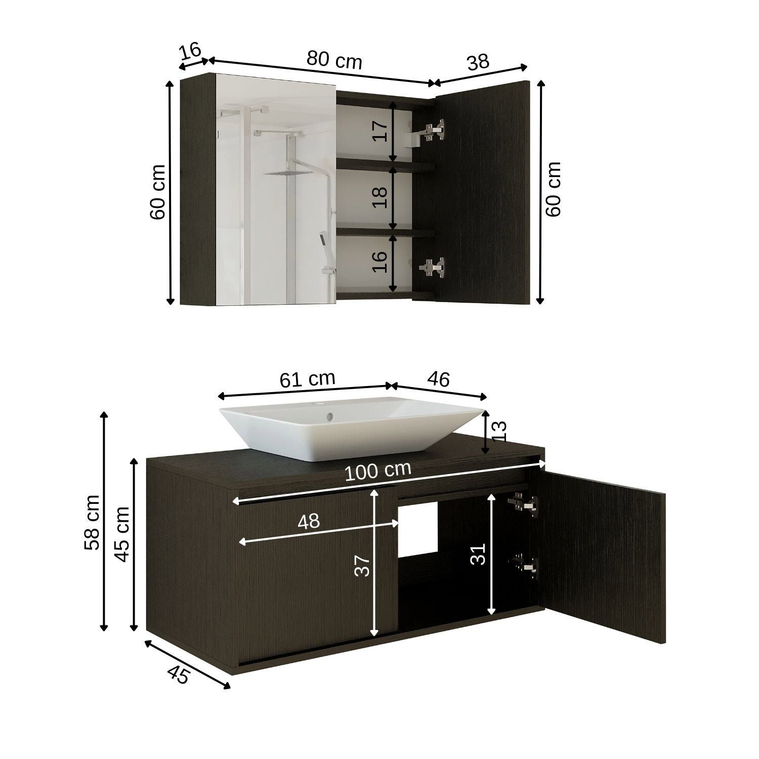 Badmöbel-Set, Roomart Anthrazit Spiegelscrank) (Badmöbel Unterschrank mit Set Waschbecken Eiche 100cm 3-teilig