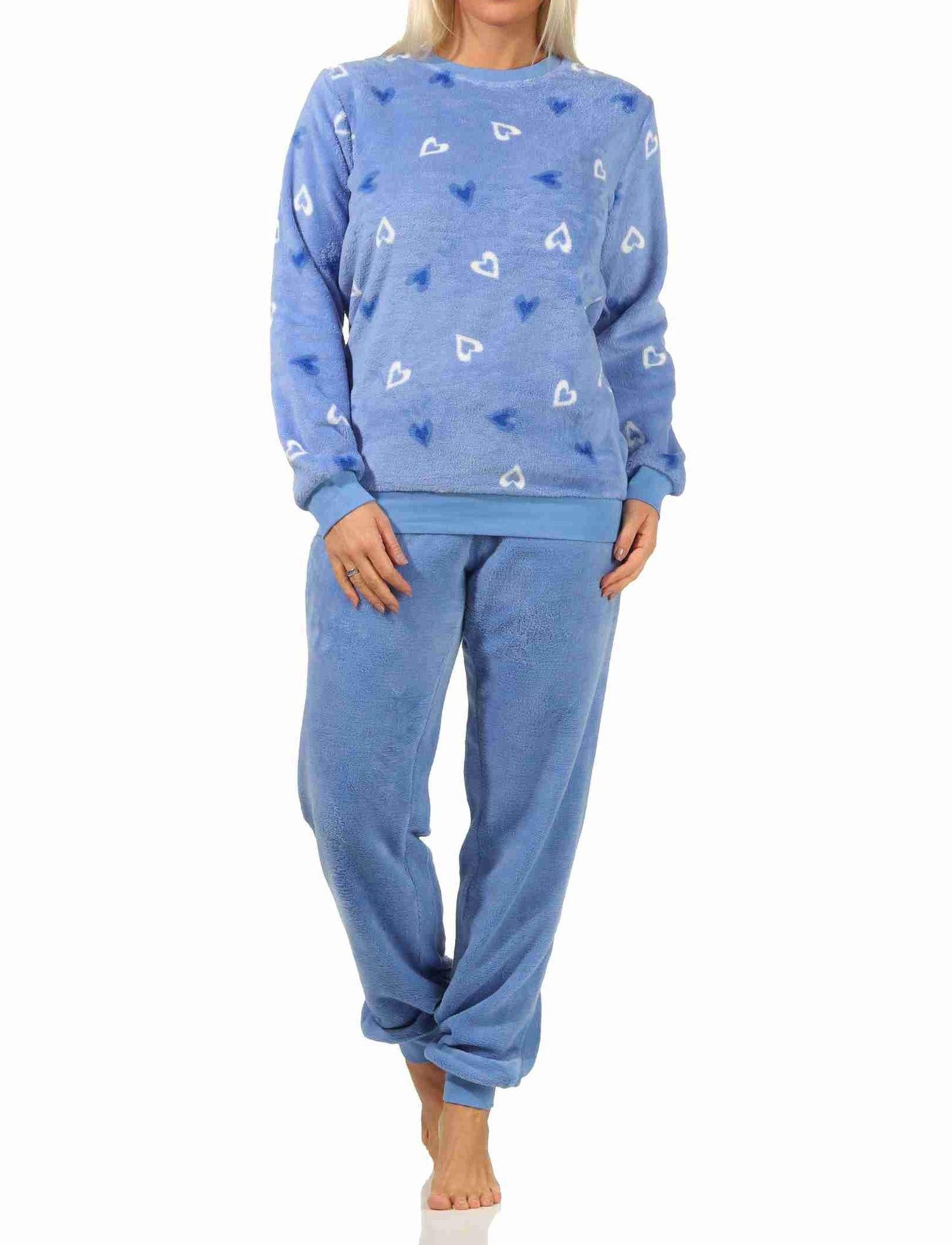 Normann Pyjama Damen Schlafanzug mit Bündchen aus Coralfleece in Herz-Motiv Optik