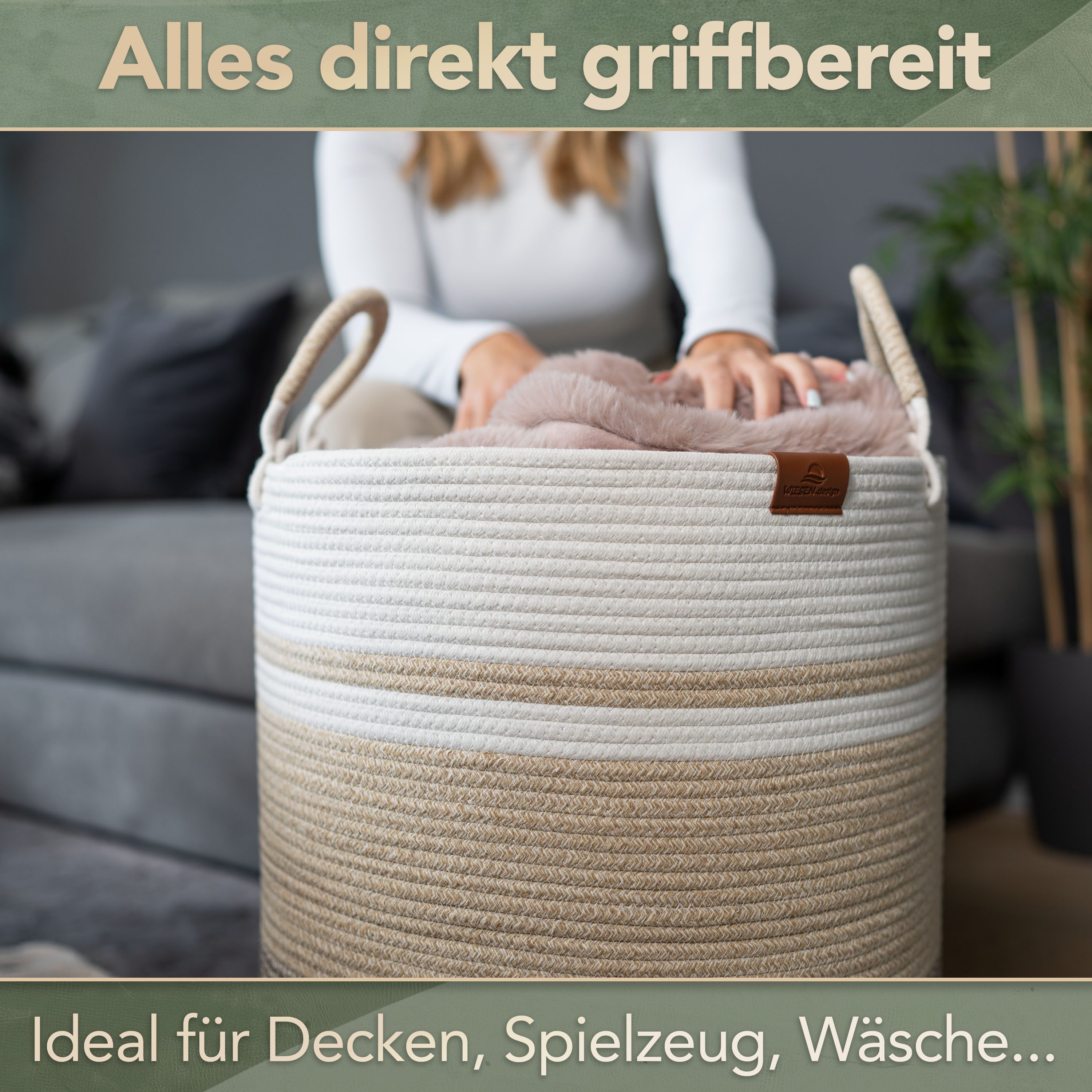 WIESEN.design Wäschekorb EMILIA Ø46xH48 cm 80L, Wäschekorb geflochten aus Baumwolle (faltbarer Wäschekorb, Wäschetonne, laundry basket, Wäschesammler, Aufbewahrungskorb groß, Korb geflochten), inkl. schwerem Wäschesack, gratis Versand