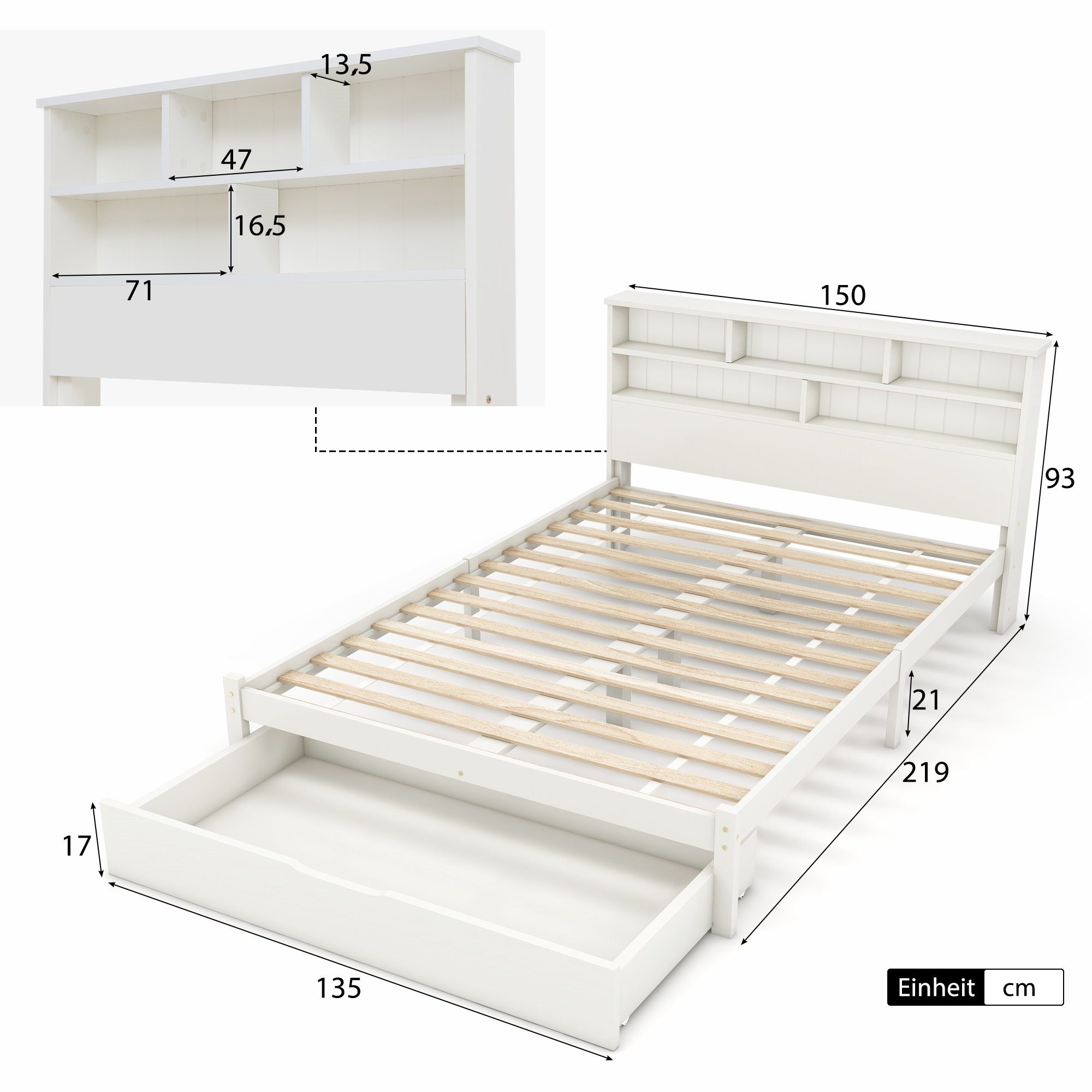 JOIVI Massivholzbett Bettgestell, Holzbett mit Bücherregal, Futonbett (Weiß günstig online kaufen