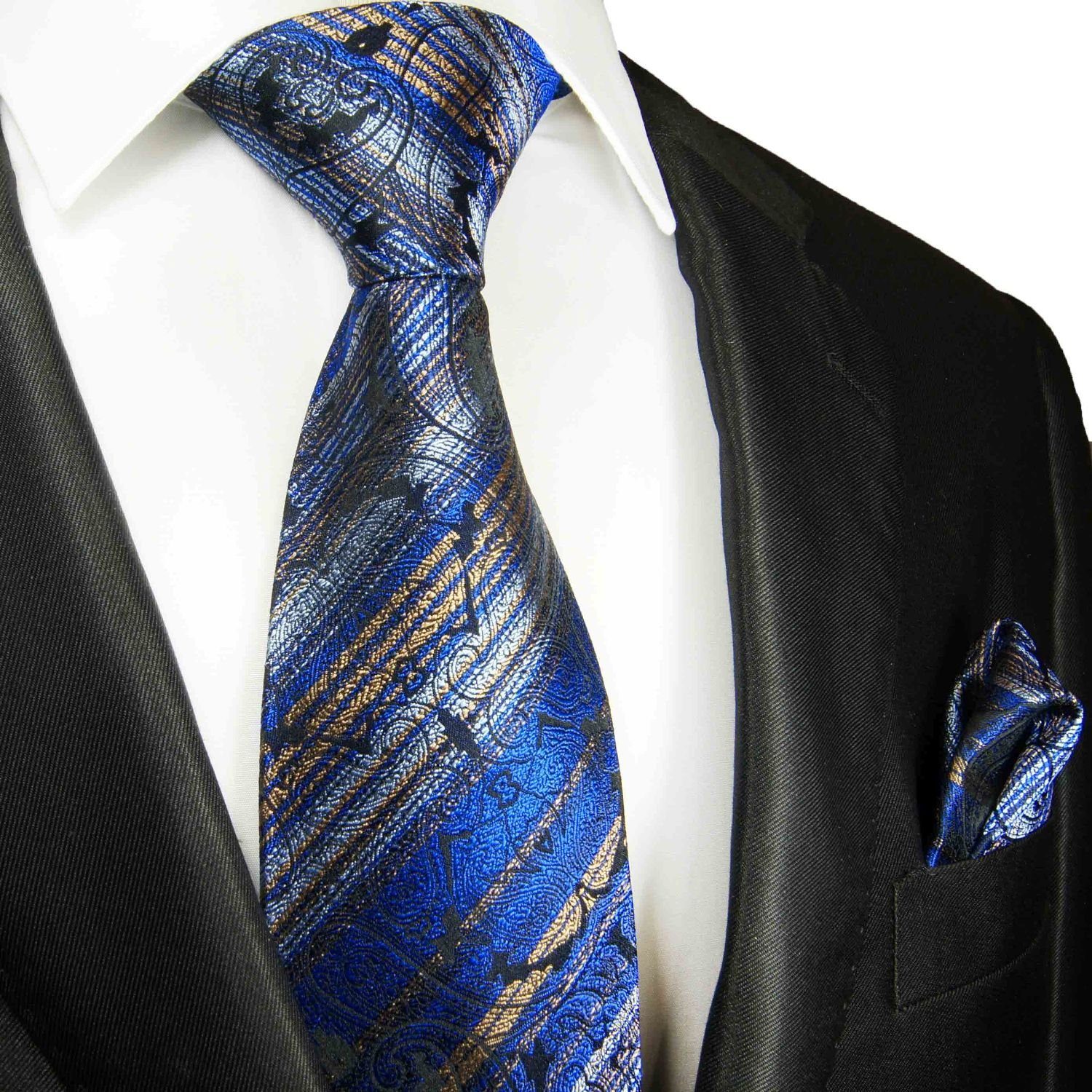 Paul Malone Krawatte Herren Seidenkrawatte mit Tuch modern gestreift 100% Seide (Set, 2-St., Krawatte mit Einstecktuch) Schmal (6cm), blau gold 2100