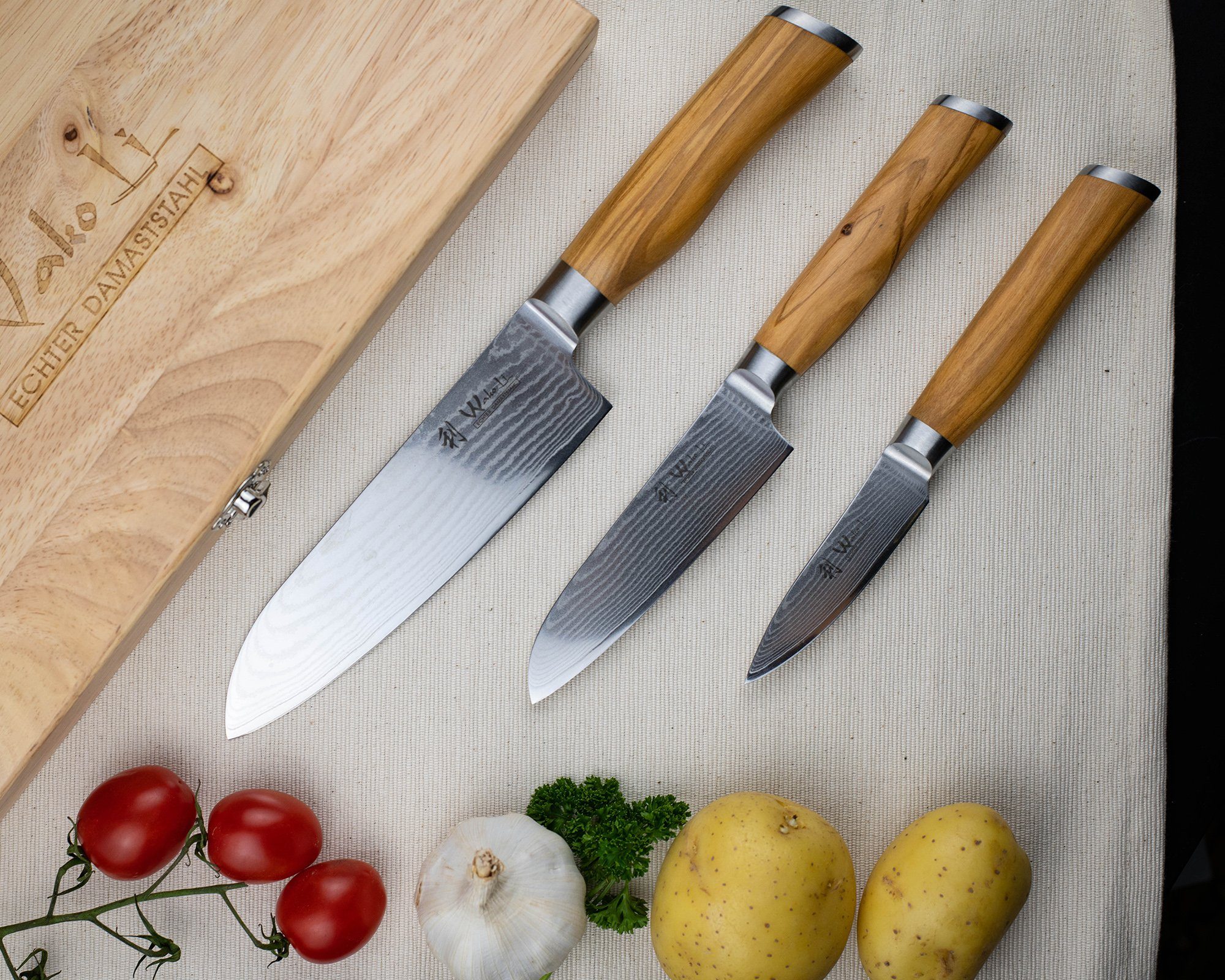 3er Messer-Set Wakoli Wakoli Damastmesser-Set 17,00cm Holzb - von Klingen 8,50 mit Olive