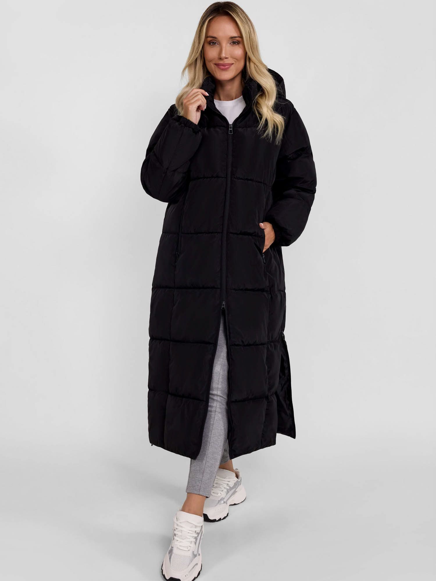Respect Winterjacke Lange gesteppte Winterjacke mit Kapuze und Zipperdetails (XS-XXL)