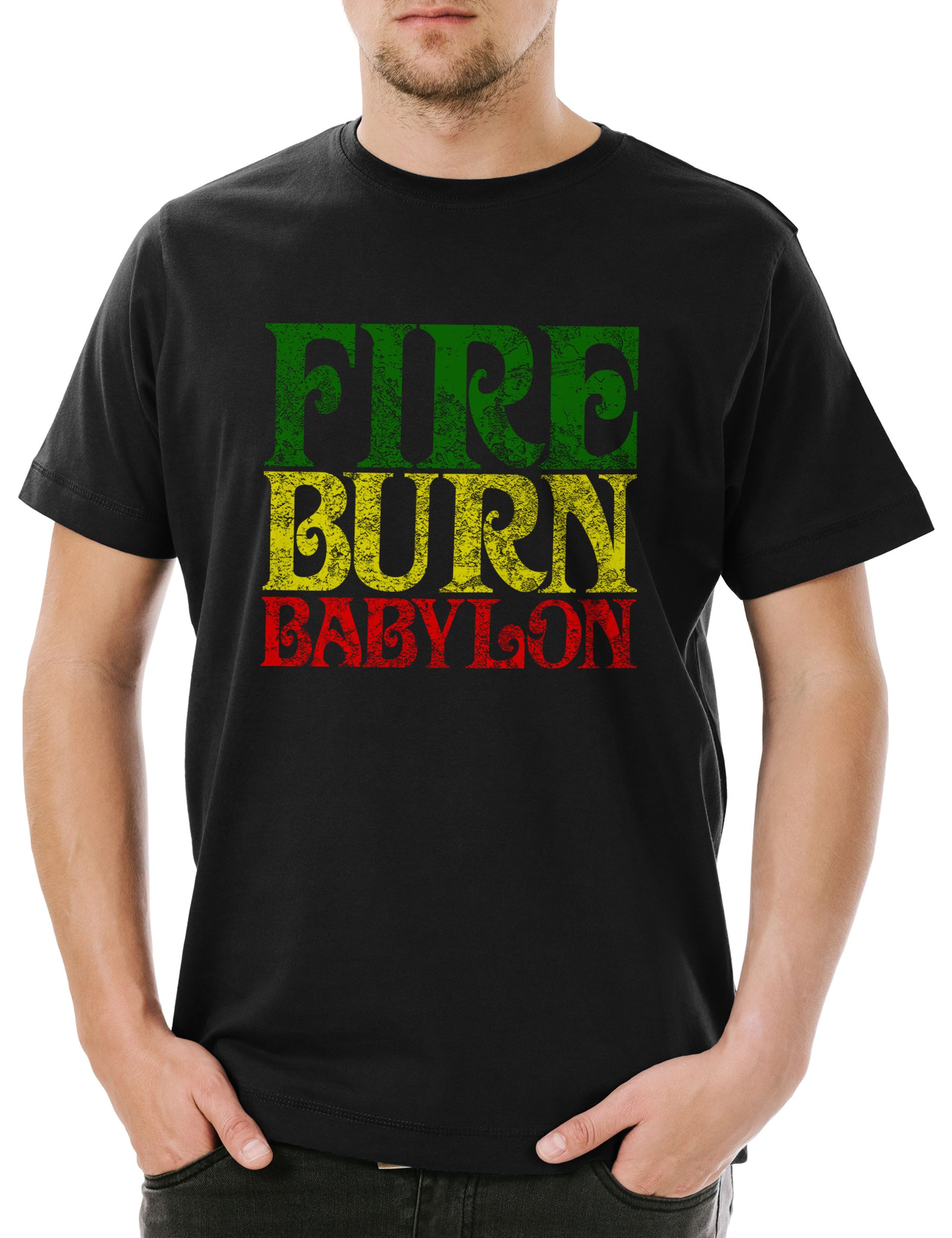 Print-Shirt Fire Burn Babylon Herren T-Shirt Reggae Music Jah Babylon Musik
