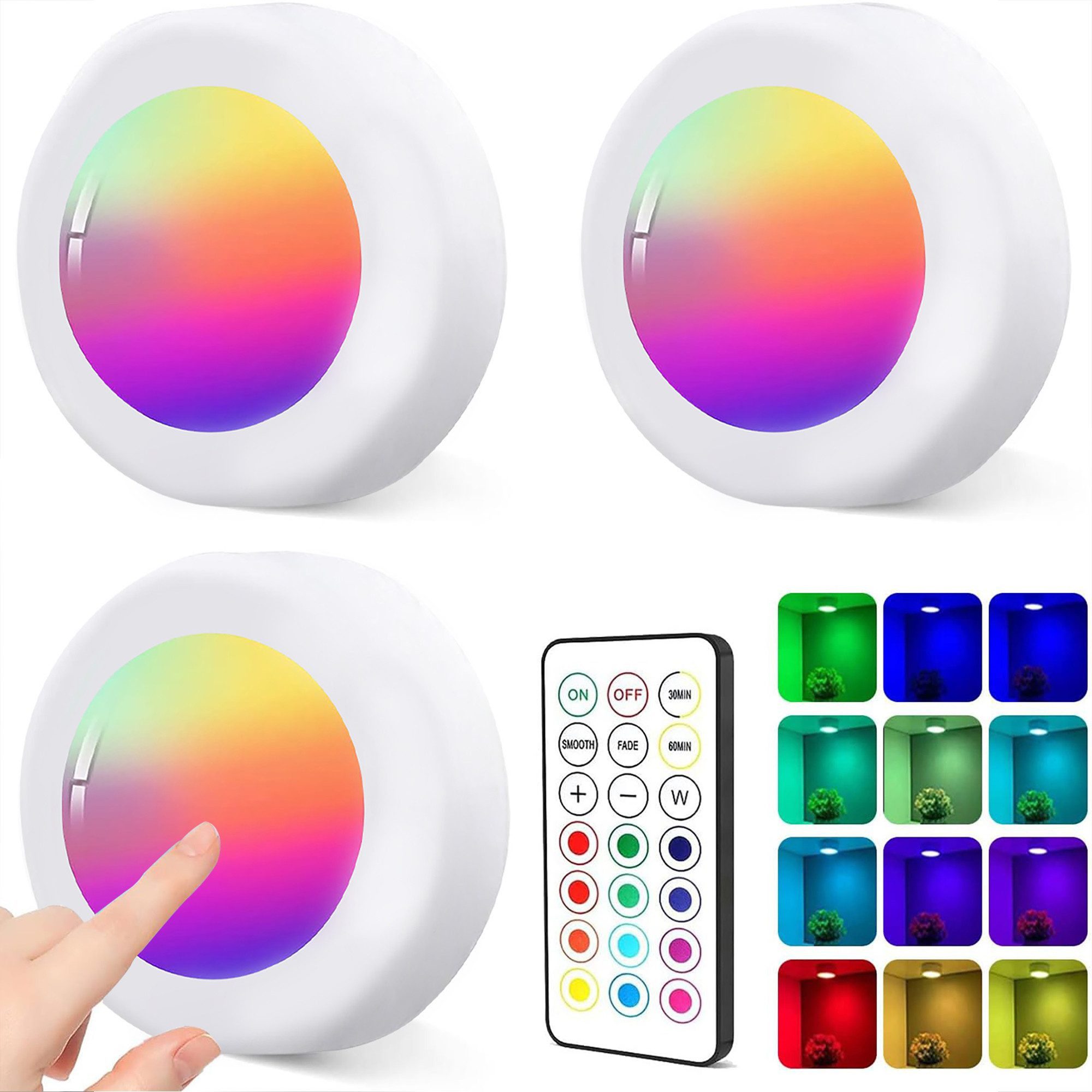Fyrove LED Unterbauleuchte 3er Set RGB, 16 Farben, dimmbar, Batterie, Fernbedienung, Timer, klebbar, 3M Klebepad
